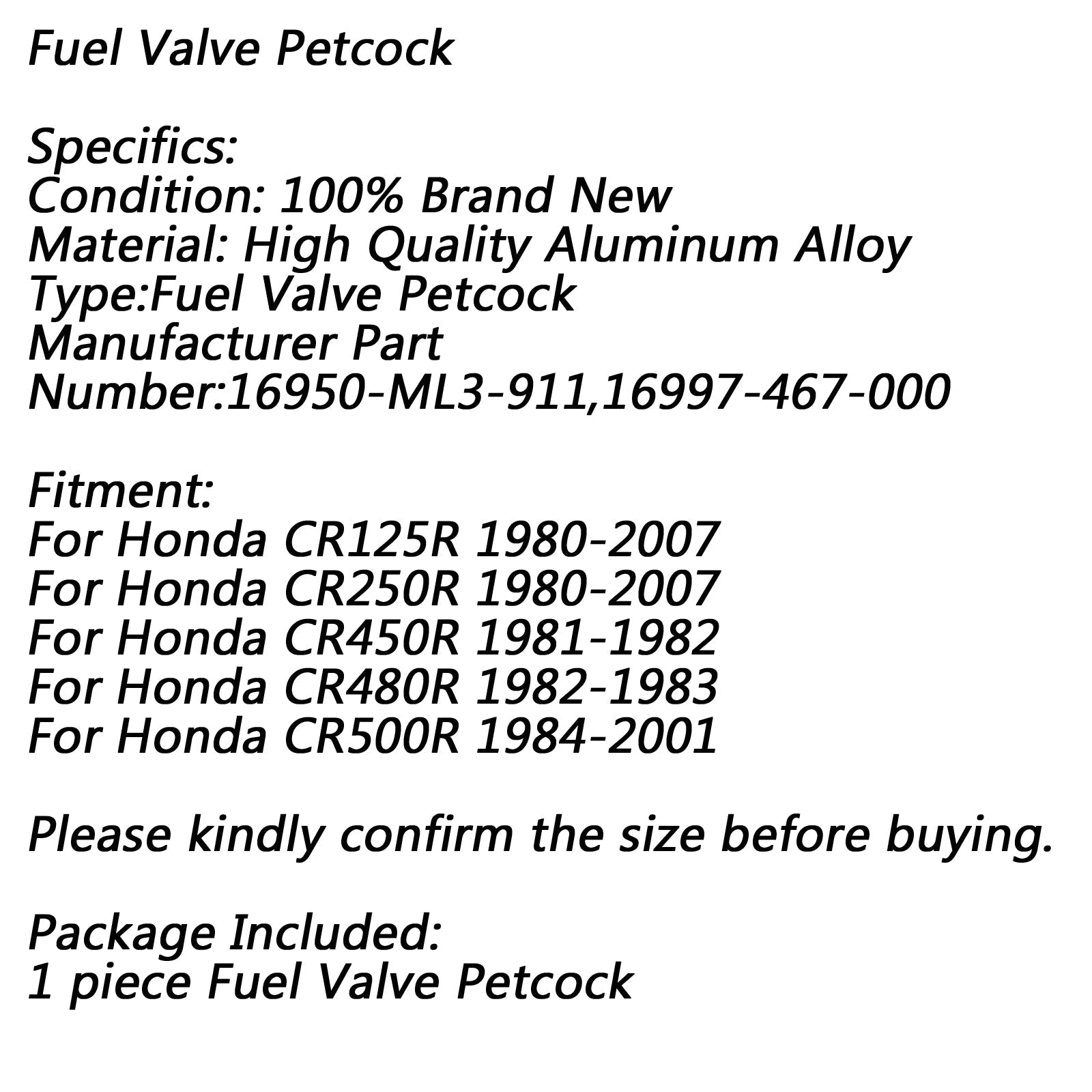 Interruptor de combustible Petcock para Honda 16950-ML3-911 CR125R CR250R CR450R CR480R CR500R genérico
