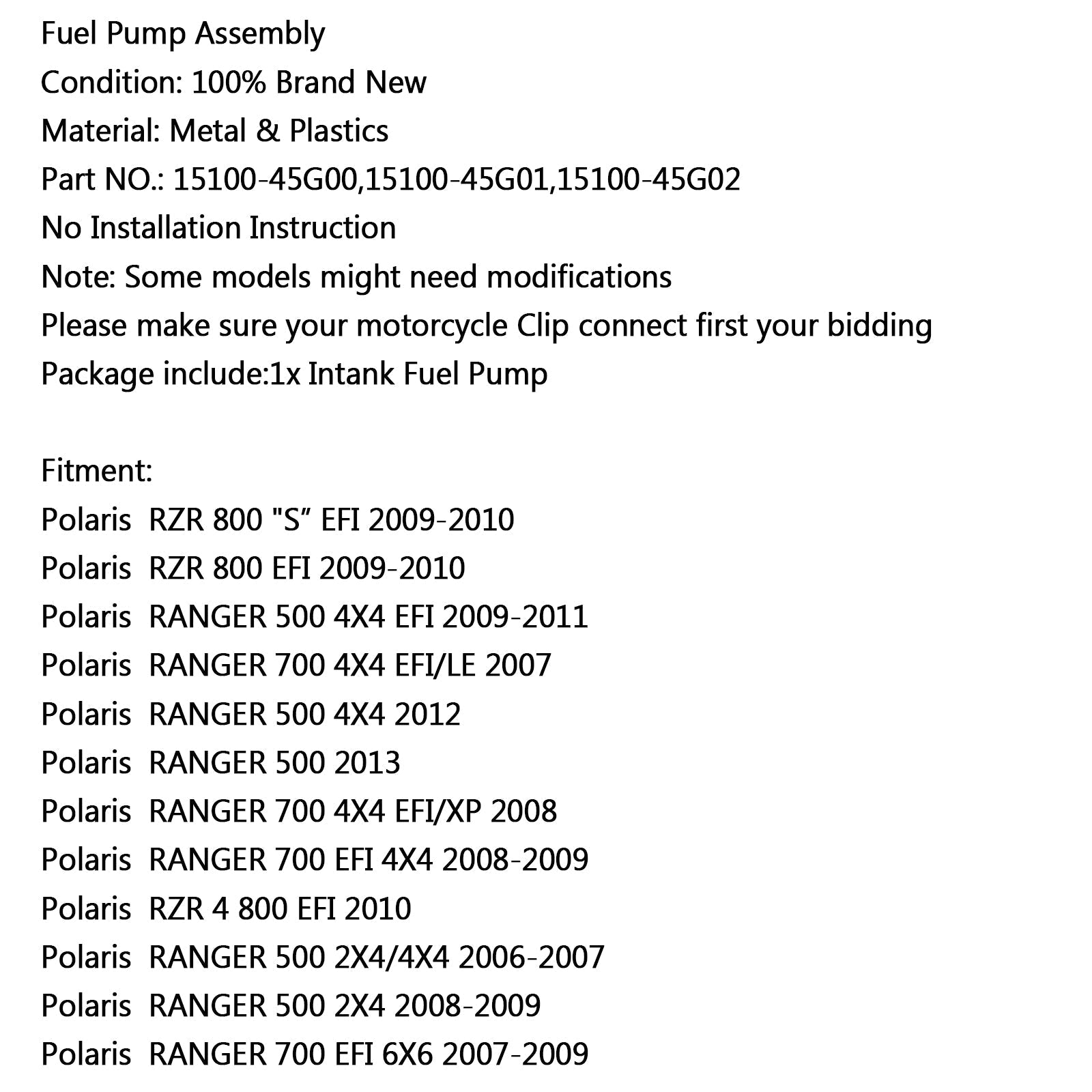 Nueva bomba de combustible para Polaris RZR 800 S EFI 09-10 700 4X4 EFI/LE 500 2X4 2006 genérico