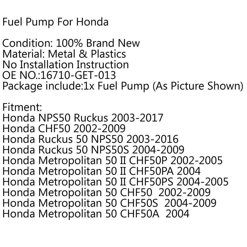 Kraftstoffpumpe Roller für Honda Metropolitan 50 03–15 Ruckus NPS50 16710-GET-013 BK Generic
