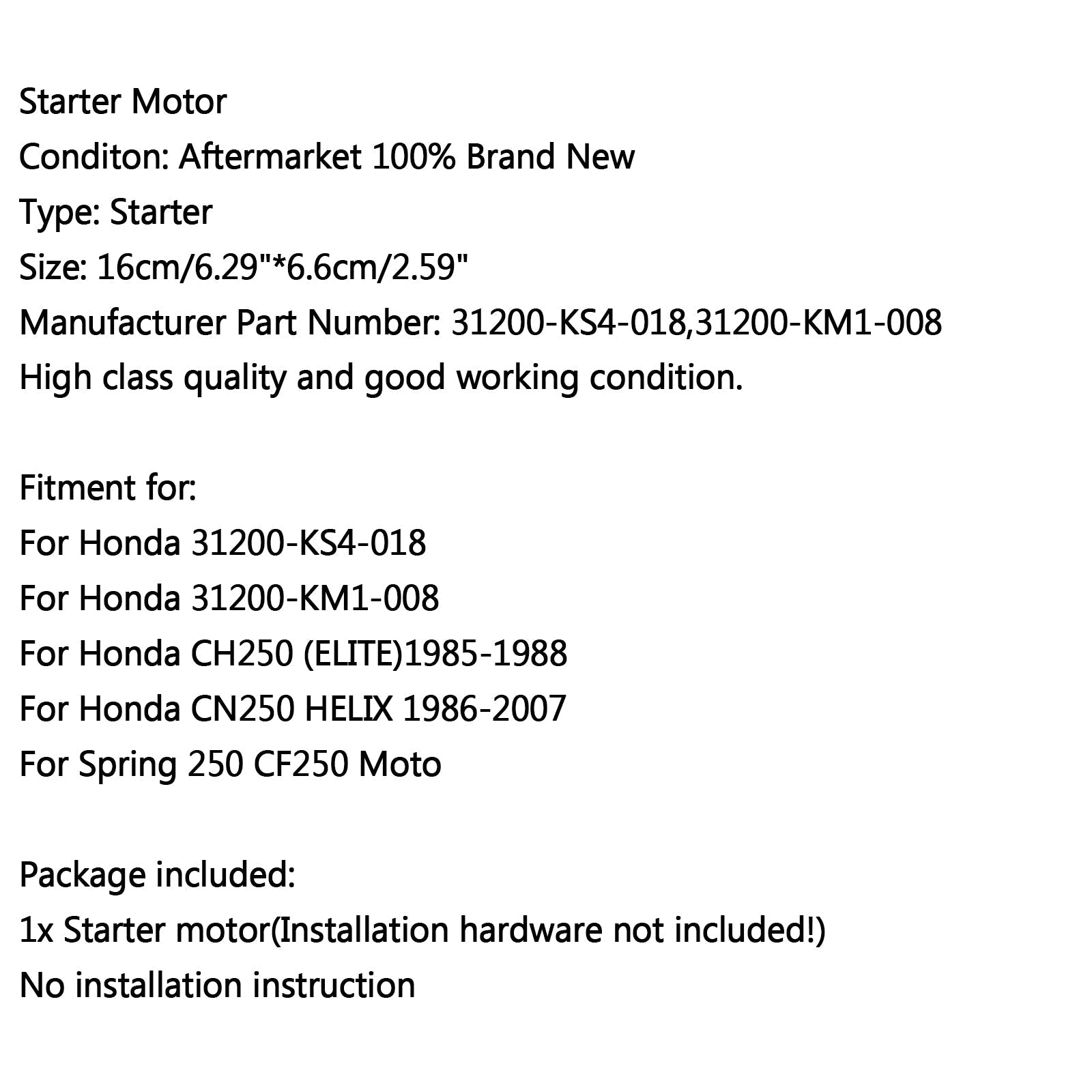 Arrancador de motor para Honda CH250 ELITE 1985-1988 CN250 HELIX 1986-2007 Spring 250 Genérico