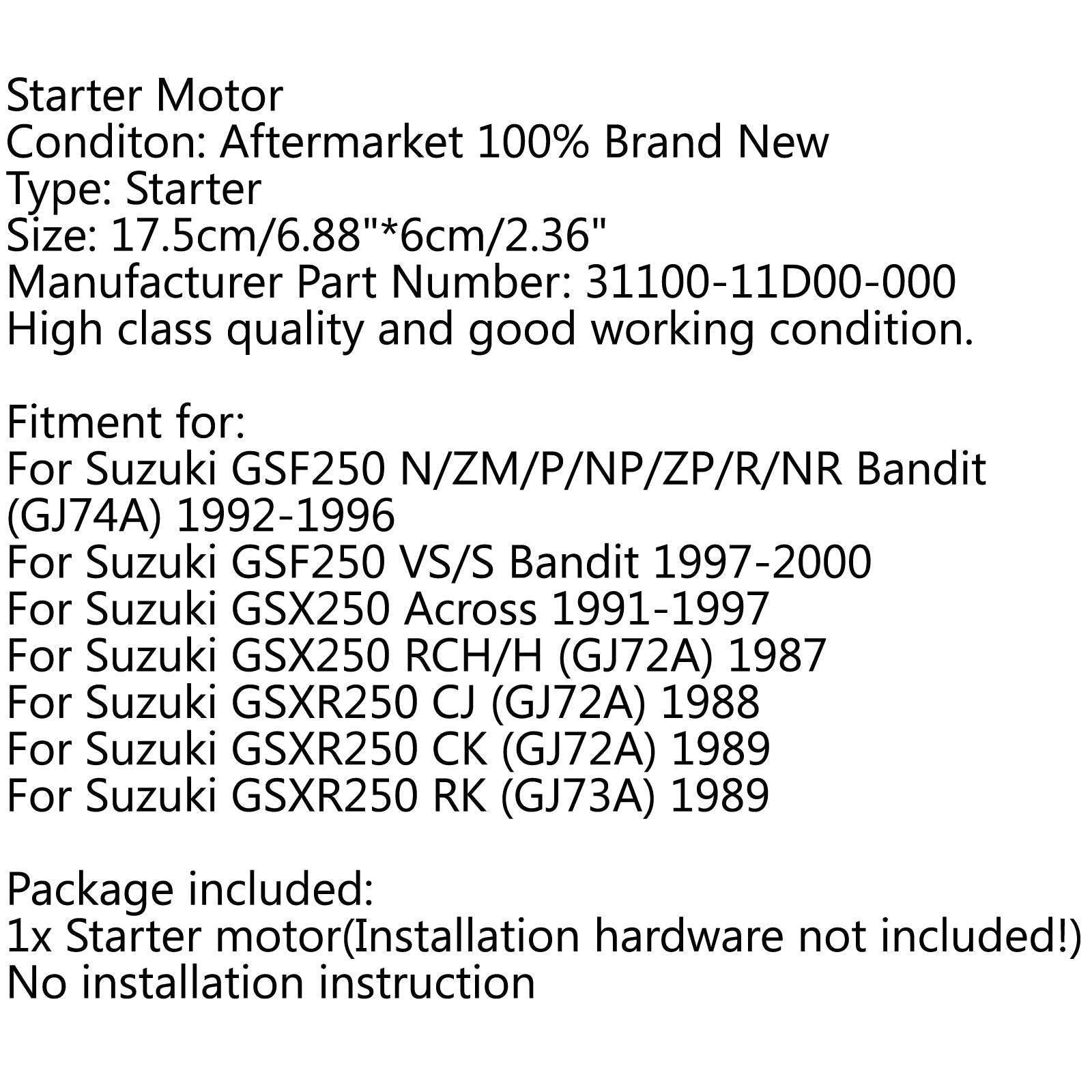 Arrancador de motor para Suzuki GSF250 VS/S Bandit 1997-2000 GSX250 hasta 1991-1997 Genérico