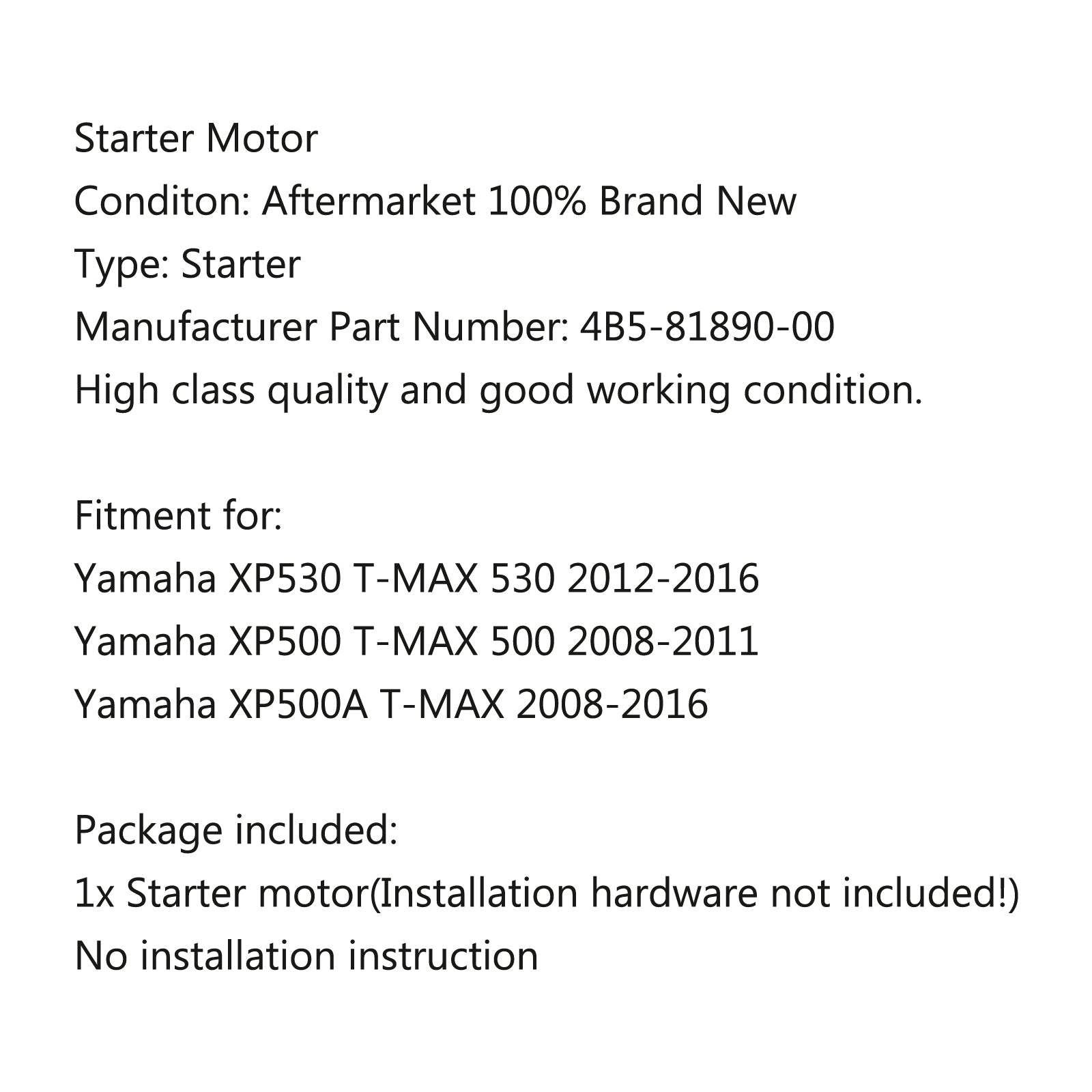 Motor de arranque para Yamaha XP530 T-MAX 530 2012-2016 Genérico XP500 T-MAX 500 2008-2011