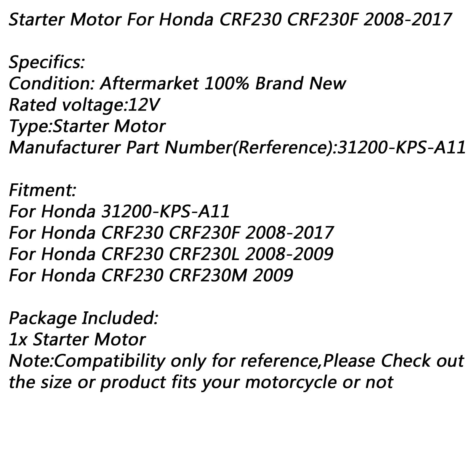 Démarreur électrique pour Honda CRF230 CRF230F 08-17 CRF230L 08-09 CRF230M 2009 Générique