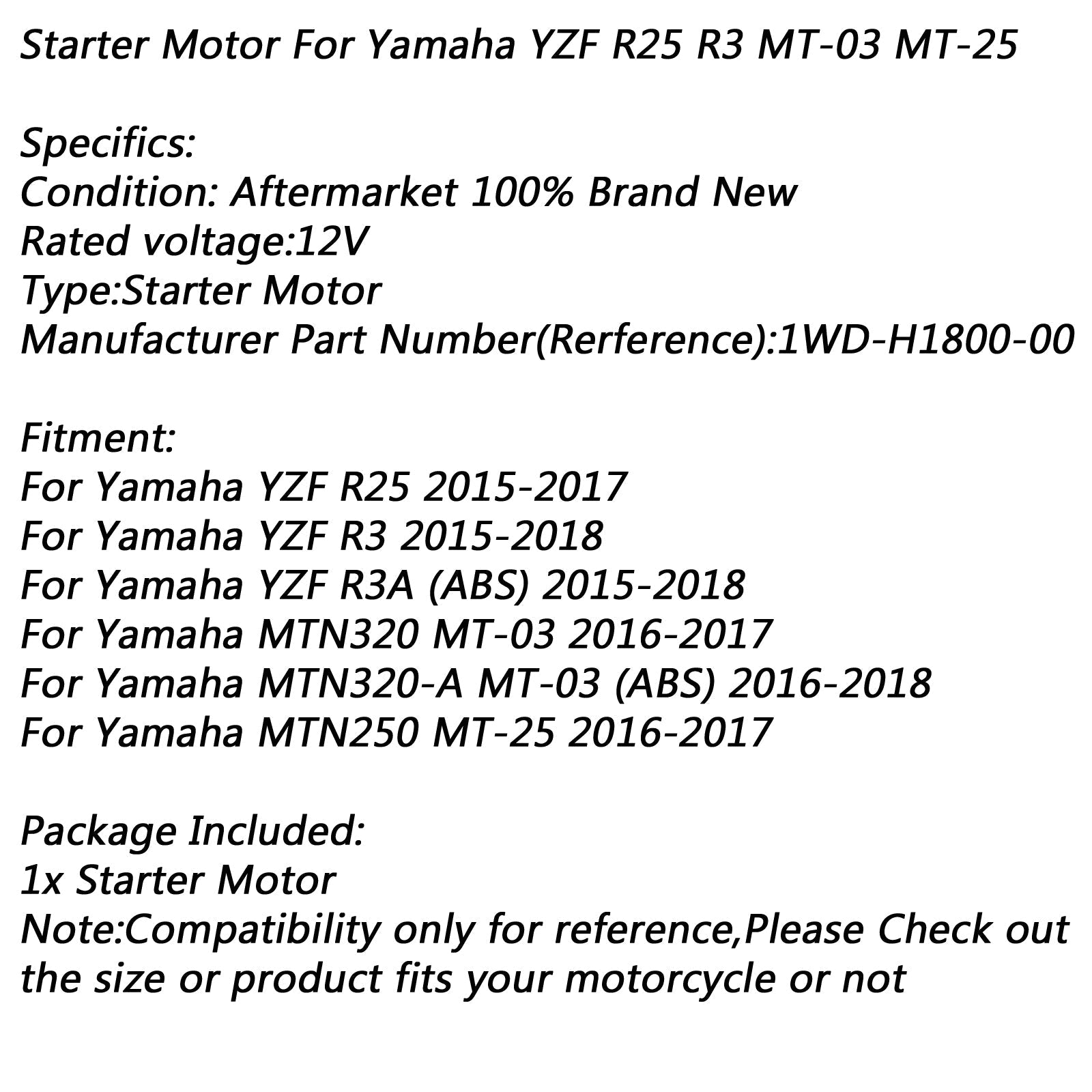 Démarreur électrique pour Yamaha YZF R25 15-17 R3 15-18 MT-03 2016-2017 MT-25 Générique