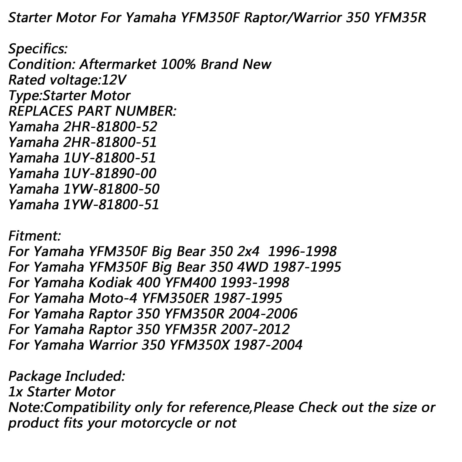 Démarreur électrique pour Yamaha YFM350F Big Bear 350 4WD YFM350R Raptor Moto-4 Generic