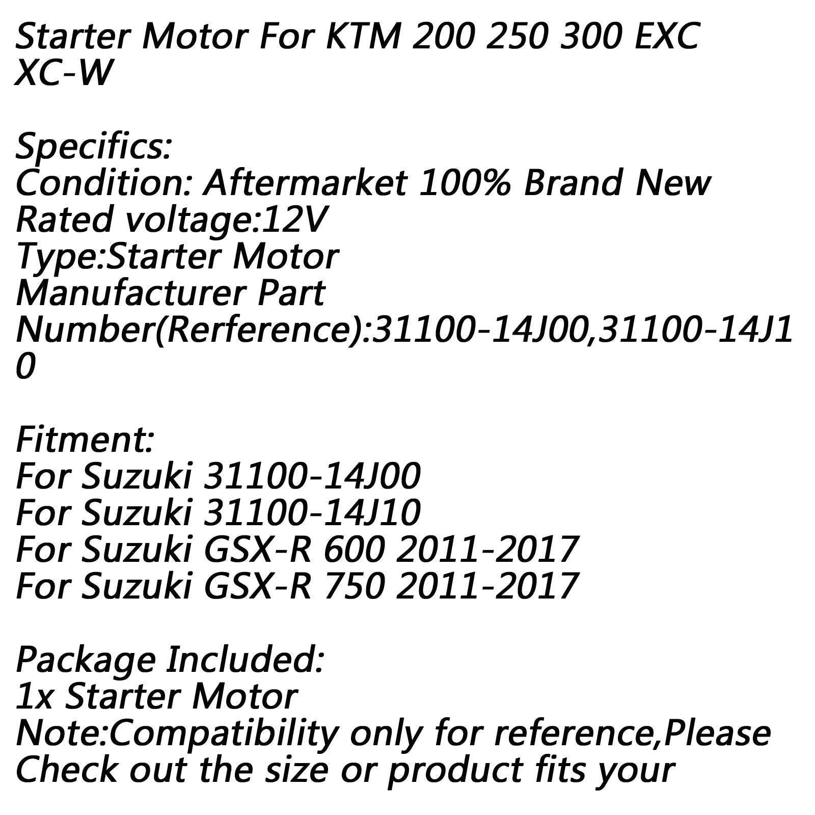 Arranque eléctrico para Suzuki GSX-R 600 GSX-R750 2011-2017 2012 2015 Genérico
