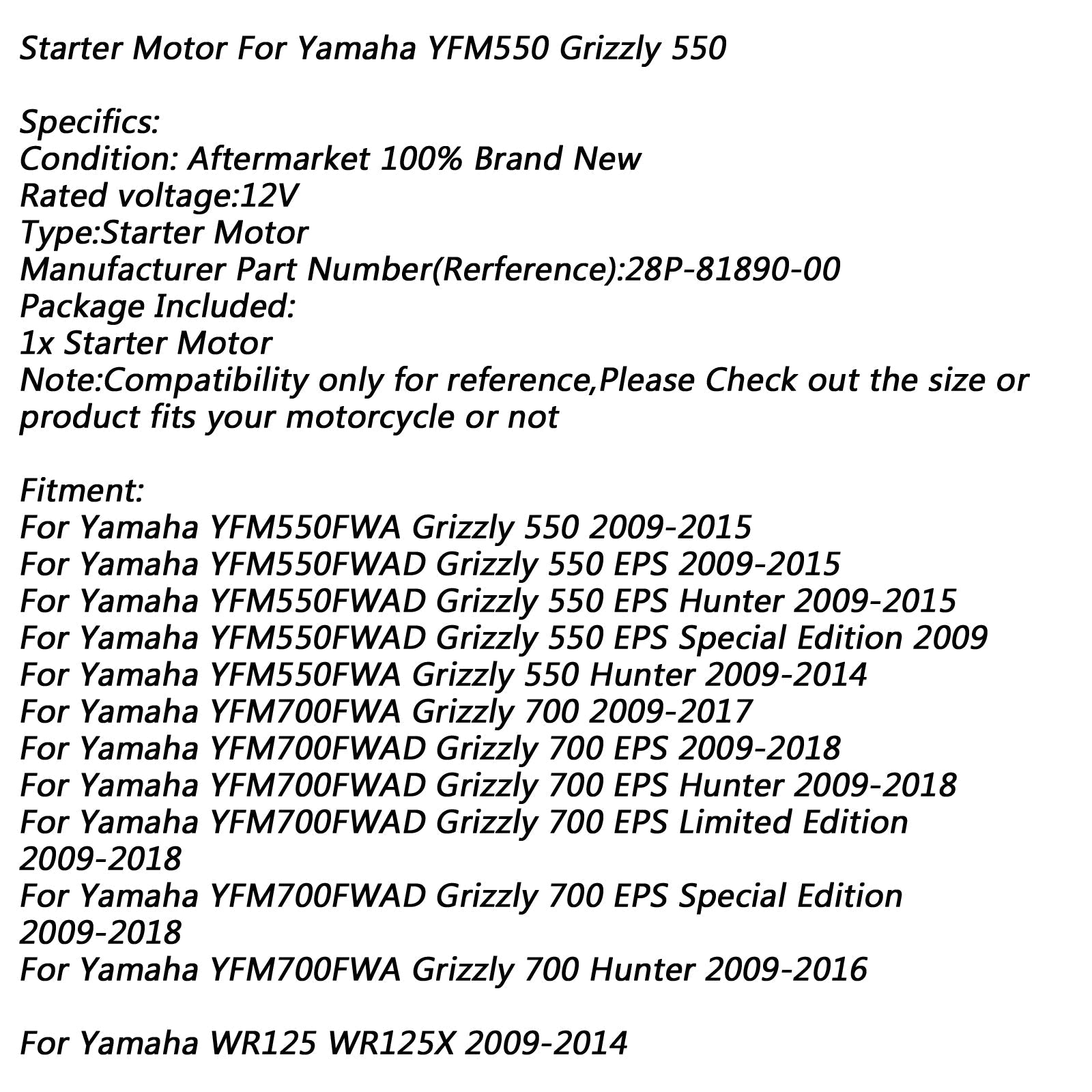 Démarreur électrique pour Yamaha YFM550FWA Grizzly 550 09-15 YFM700 EPS Hunter Generic