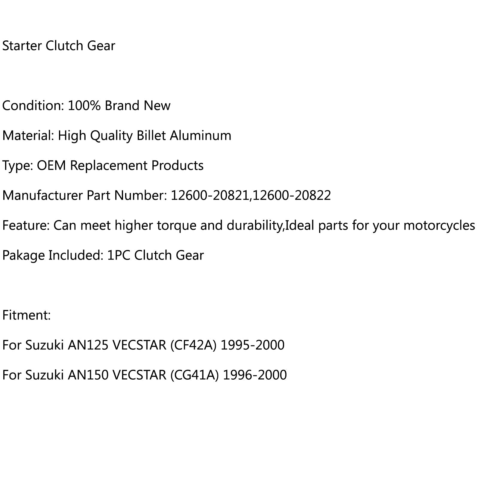 Embrague de arranque unidireccional con engranaje para Suzuki AN150 VECSTAR CG41A 1996-2000 AN125 genérico