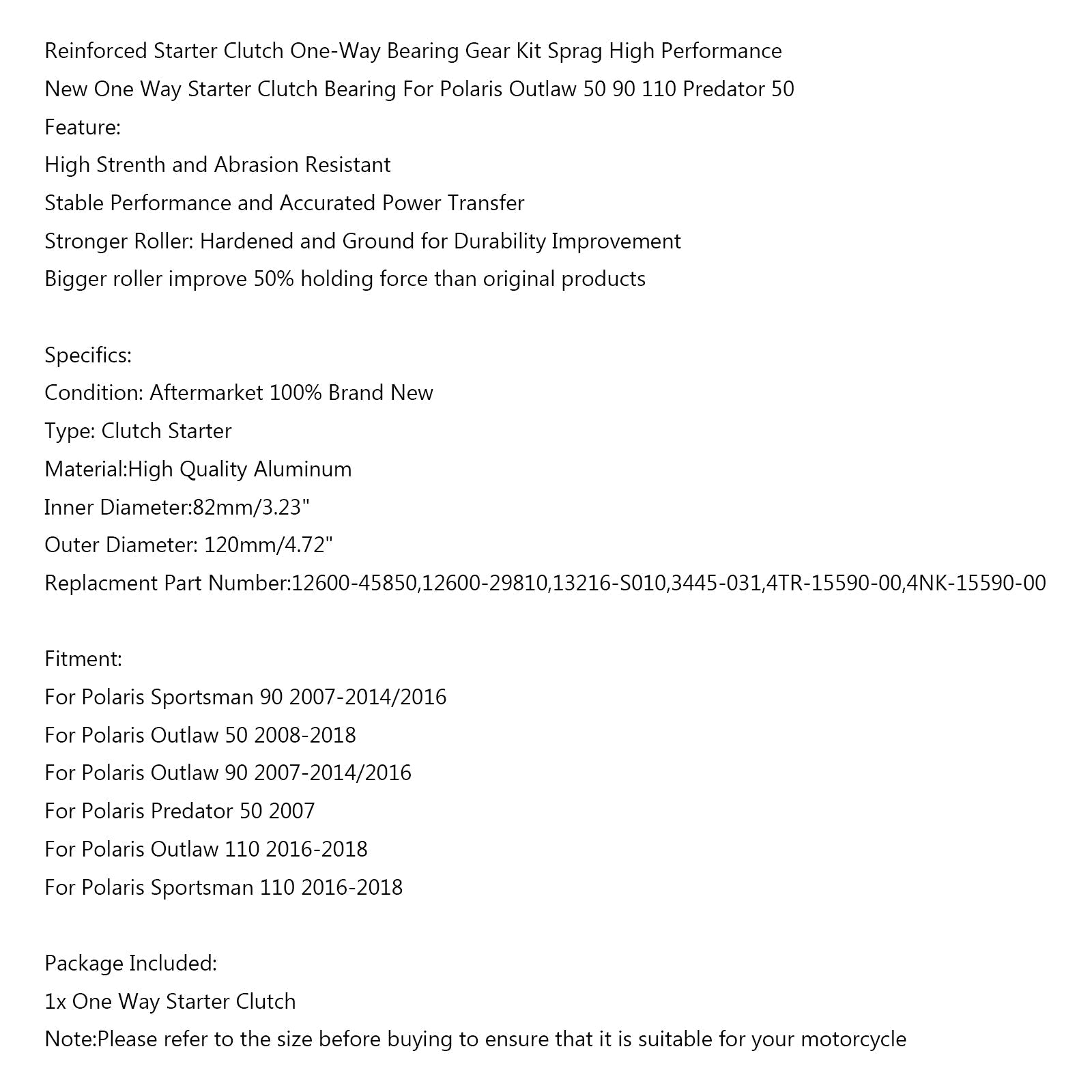 Kit de roulement à sens unique pour embrayage de démarreur pour Polaris Outlaw 50 90 110 Predator 50 générique