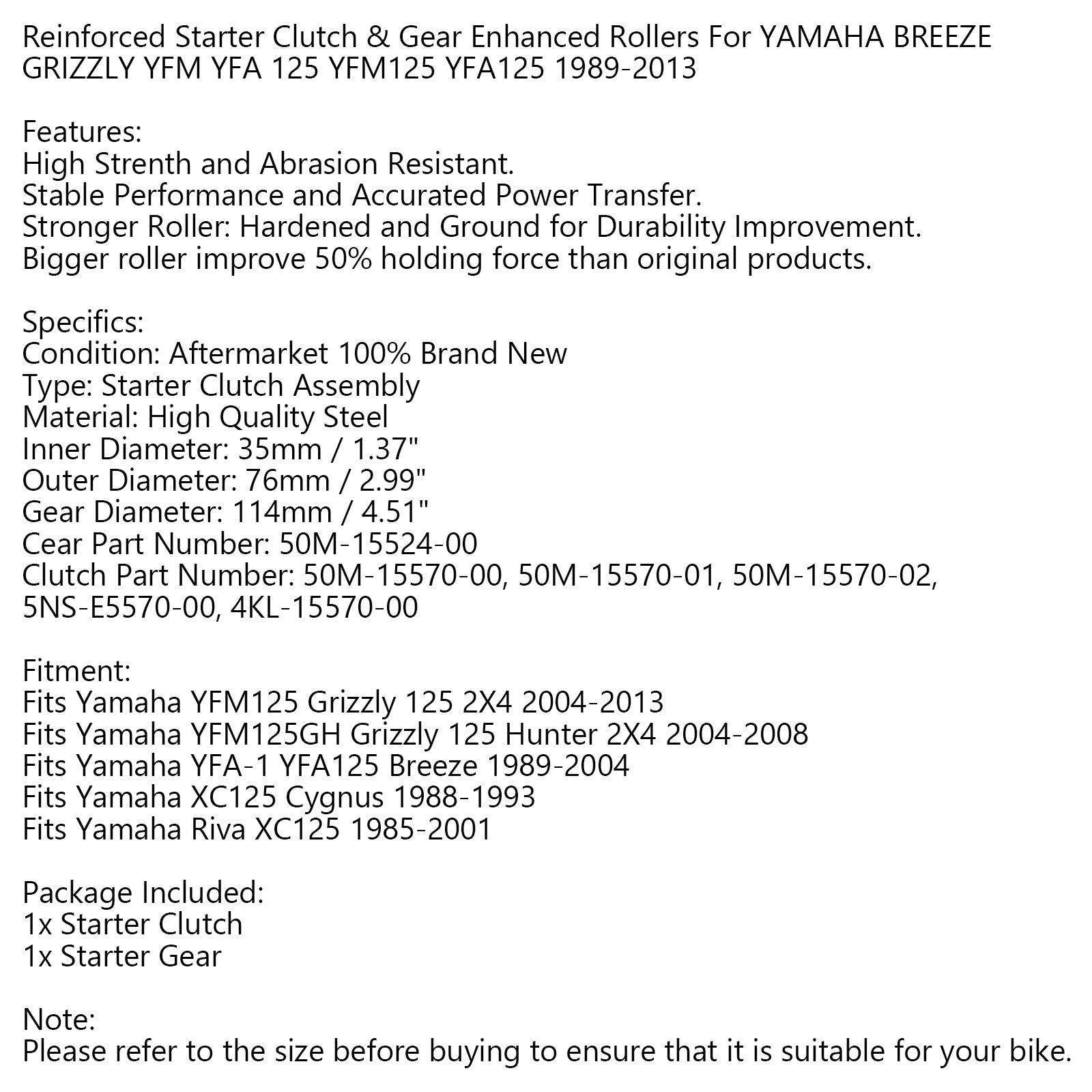 Rodillos de embrague de arranque mejorados para YAMAHA Breeze Grizzly 125 YFM125 YFA125 Genérico