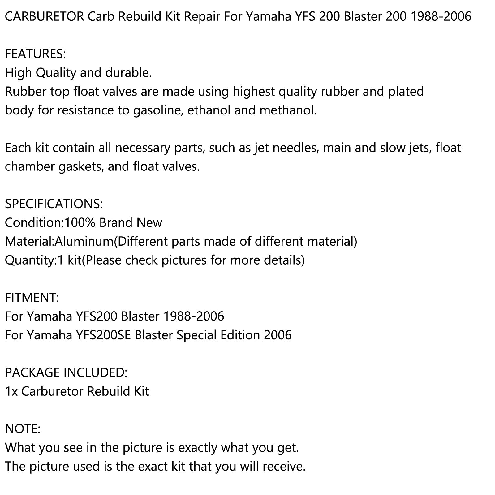 Kit di riparazione per ricostruzione carburatore CARB per Yamaha YFS 200 Blaster 200 YFS200 88-06 generico