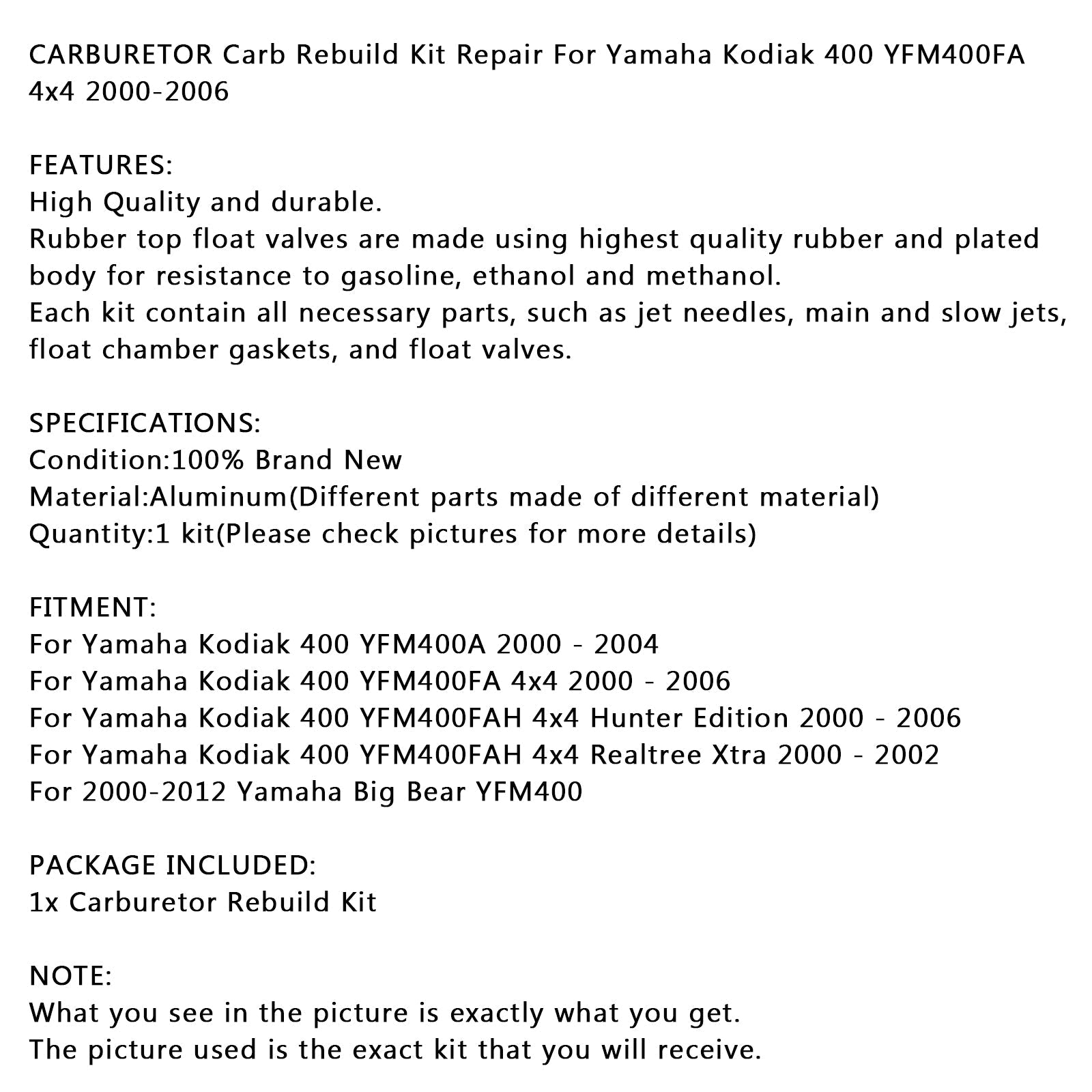 Kit de reconstruction de carburateur pour Yamaha Kodiak 400 YFM400FA 4x4 2000-2006 générique