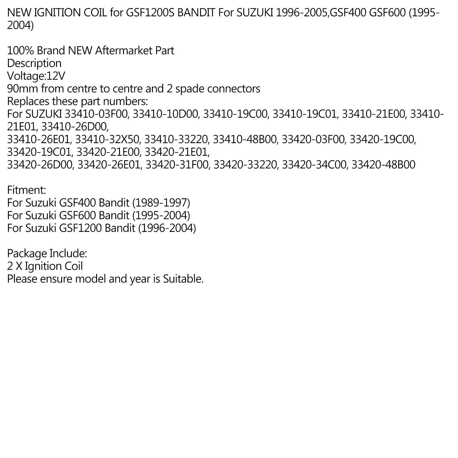 2x BOBINE D'ALLUMAGE Pour SUZUKI GSF1200S BANDIT 1996-2004,GSF400 89-87 GSF600 95-04 Générique