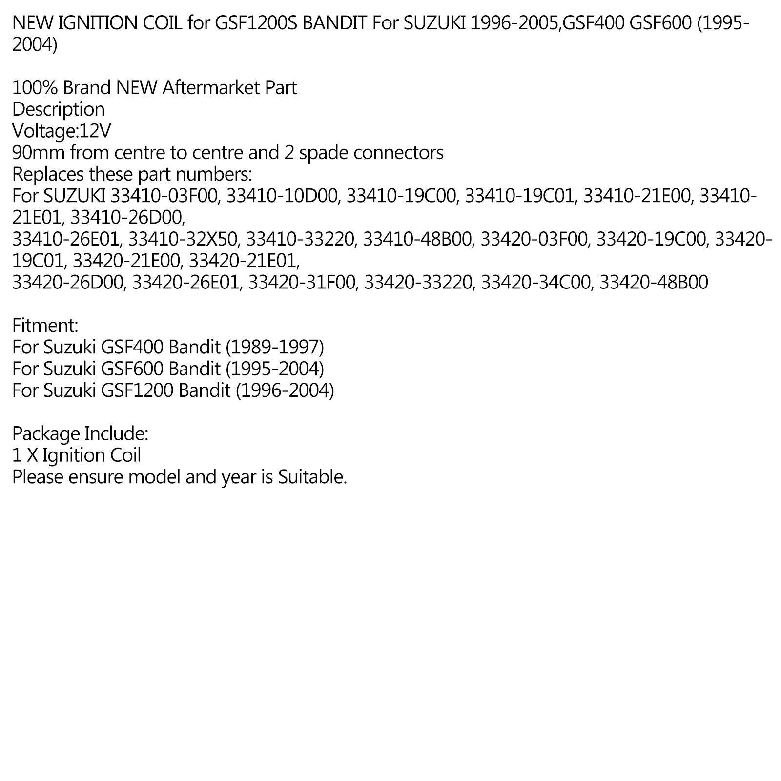 BOBINA DE ENCENDIDO Para SUZUKI GSF1200S BANDIT 1996-2004,GSF400 89-87 GSF600 1995-2004 Genérico