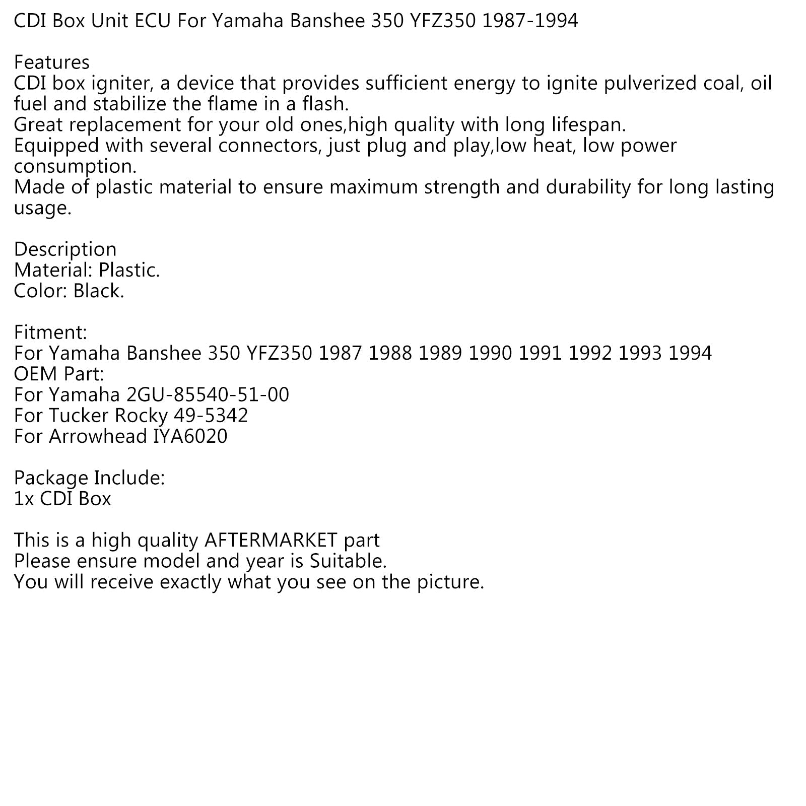 ECU CDI Box Unità Per Yamaha Banshee 350 YFZ350 ATV 1987 1988 89 90 91 92 93 1994 Generico