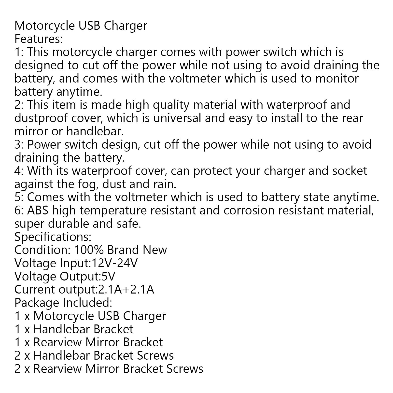 Cargador USB para motocicleta, adaptador de corriente, enchufe para teléfono móvil, GPS, resistente al agua, genérico