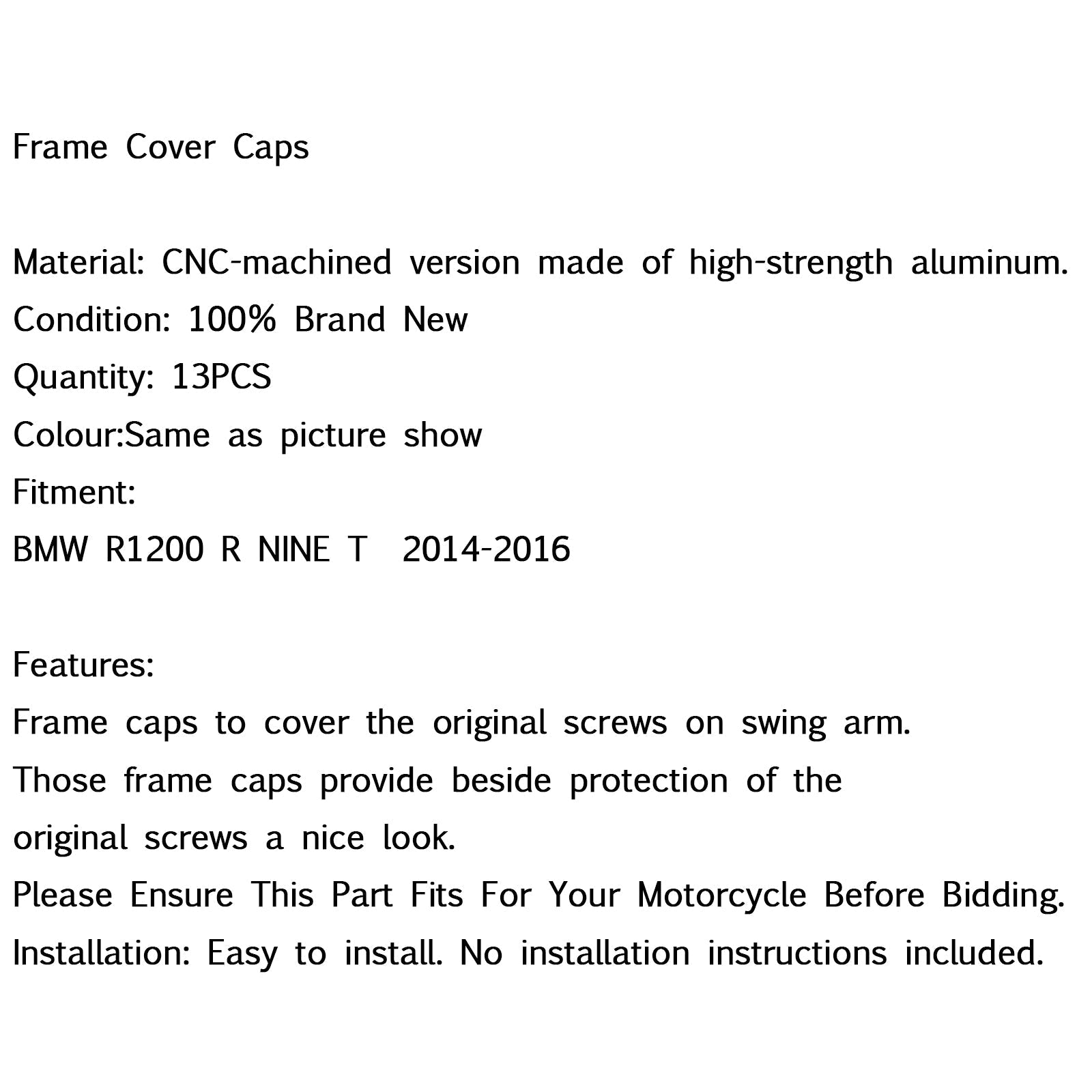 Bouchons de cadre de moto ensemble de capuchons de cadre pour BMW R1200 R NINE T 2014-2016 générique