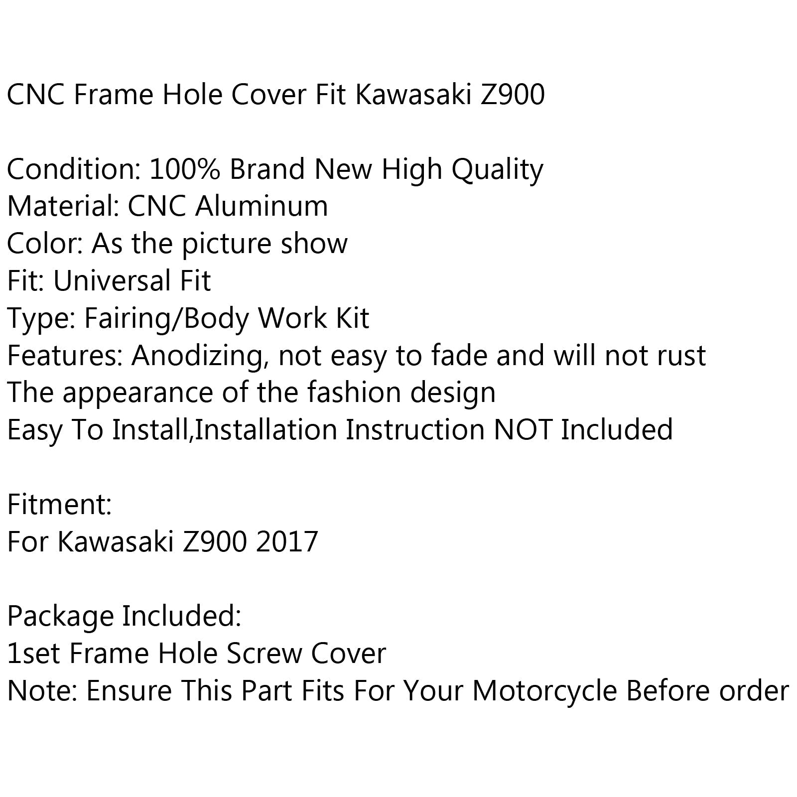 CNC Frame Hole Cover Page Hole Cap Cover Plug Bolt Kit per Kawasaki Z900 2017 Generico
