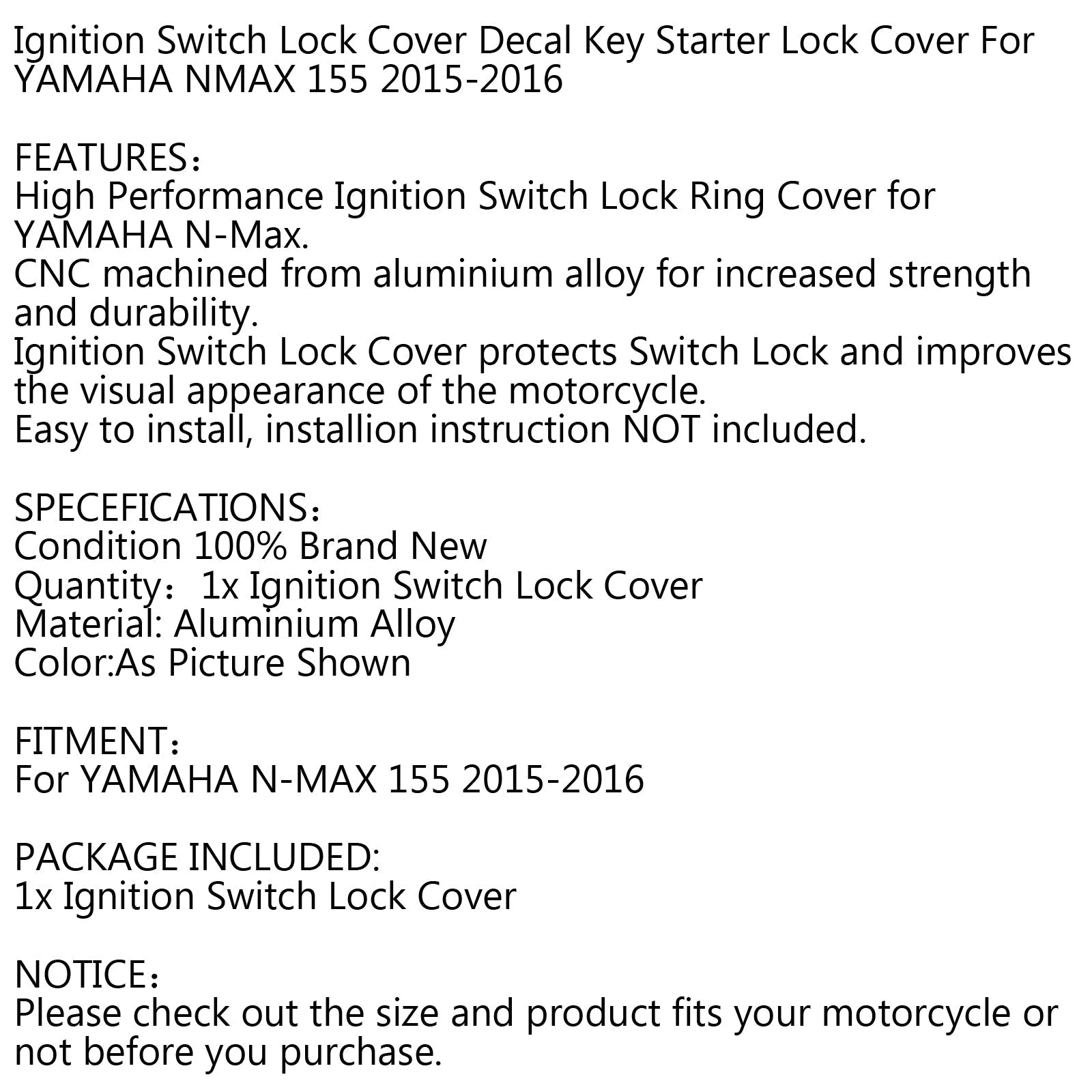 Compatibile con Yamaha NMAX 155 16-17 Tappo coperchio interruttore blocco chiave accensione moto generico