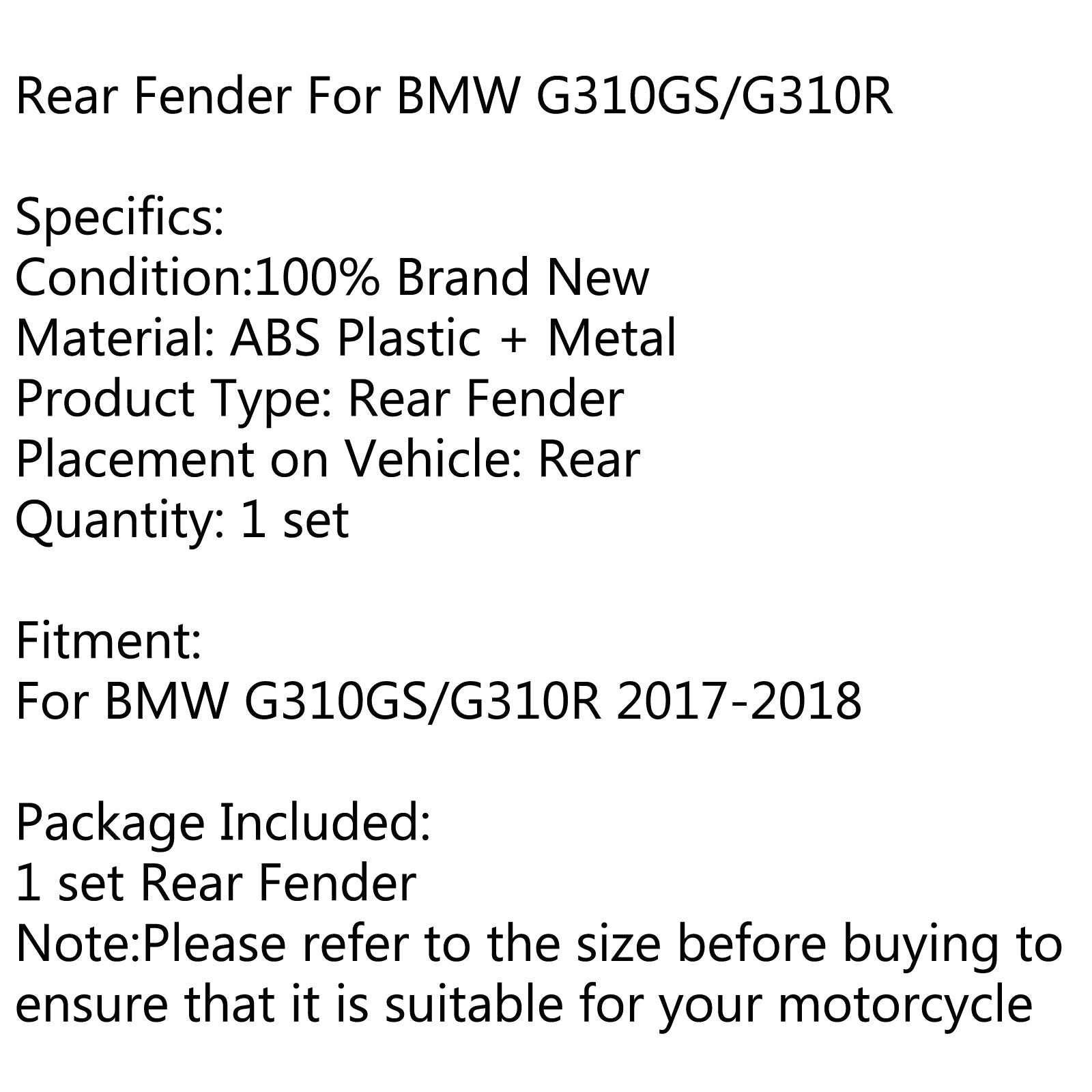 Garde-boue arrière noir garde-boue garde-boue garde-boue pour BMW G310/R 2017-2018 générique