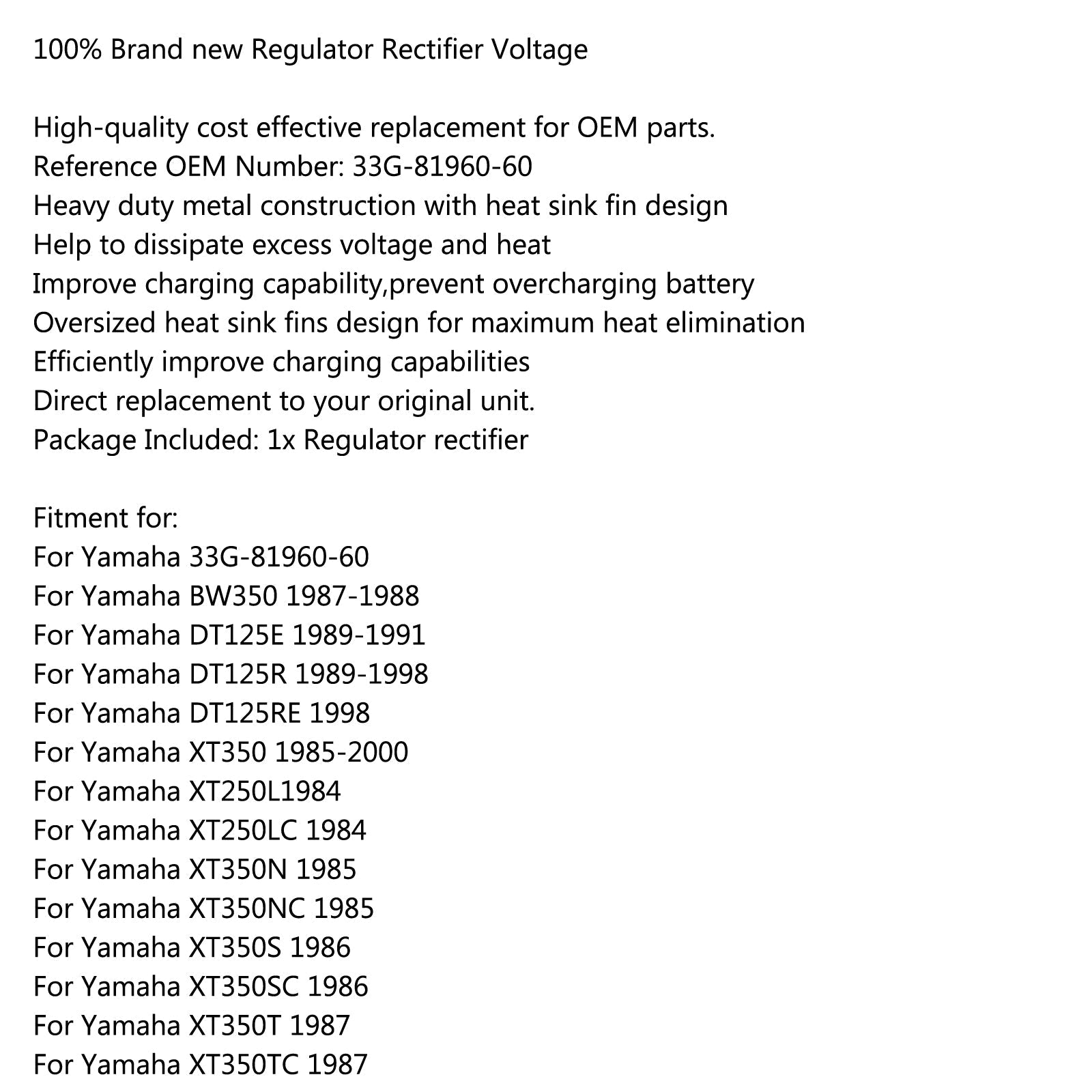 Redresseur de régulateur de tension pour Yamaha BW350 DT125E DT125R XT350 XT350 NFHG générique