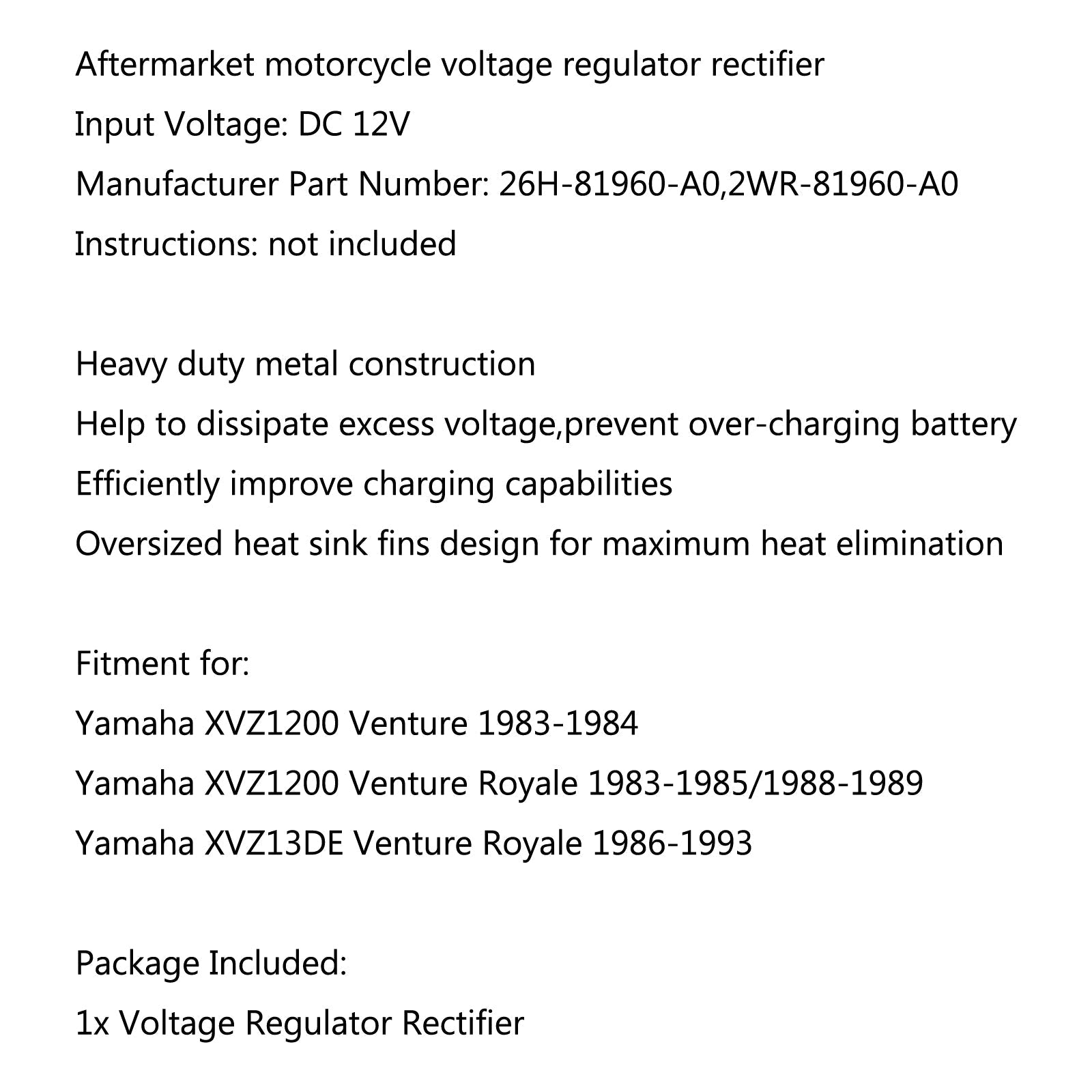 Redresseur de régulateur de tension pour Yamaha XVZ13DE Venture Royale 1986-1993 générique