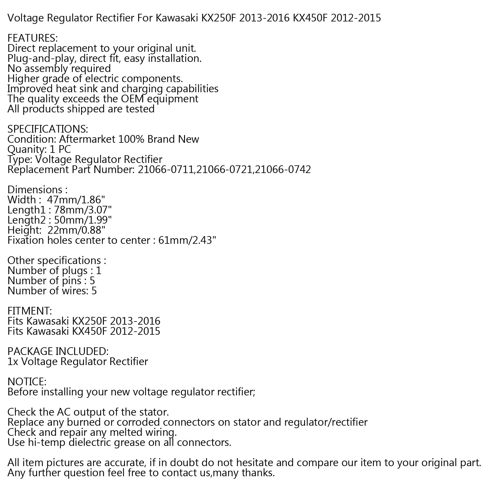 Rectificador regulador de voltaje apto para Kawasaki KX250F 2013-2016 KX450F 2012-2015 genérico
