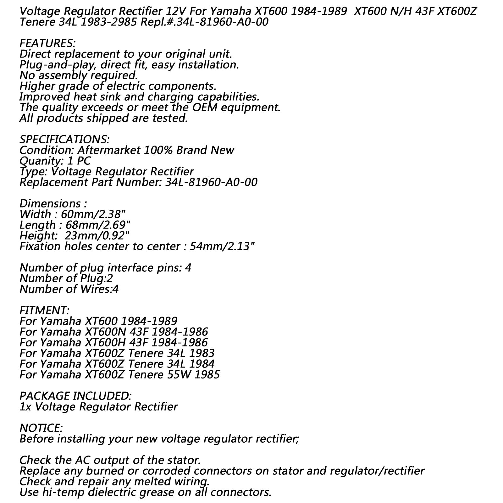 Régulateur redresseur de tension pour Yamaha XT600 XT 600 1984-1989 #.34L-81960-A0-00 générique