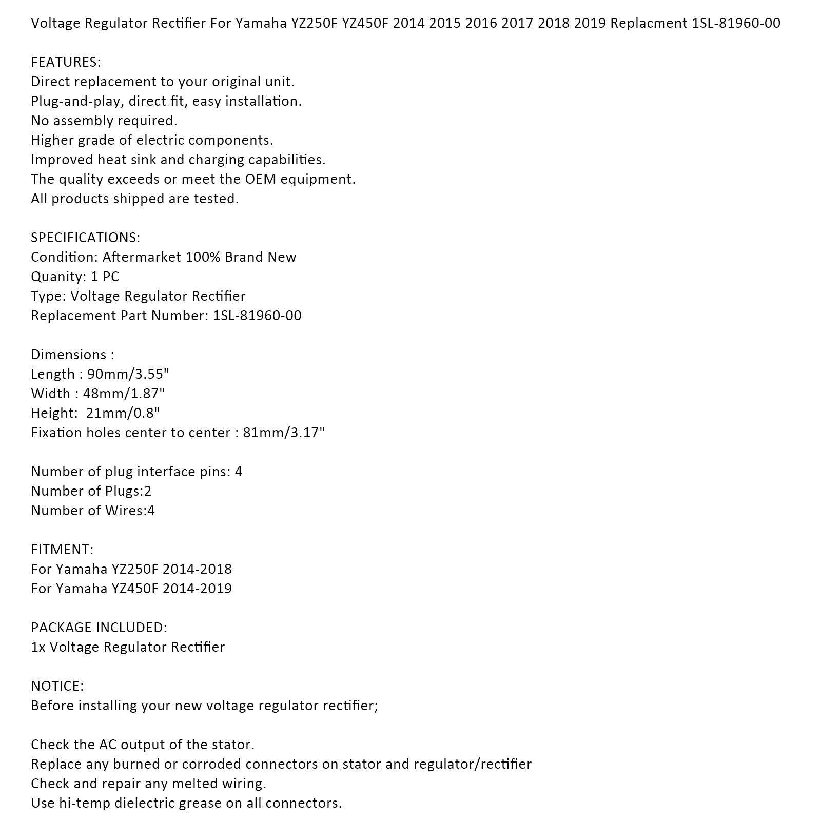 Régulateur redresseur de tension pour Yamaha YZ250F YZ450F 2014-2019 1SL-81960-00-00 générique