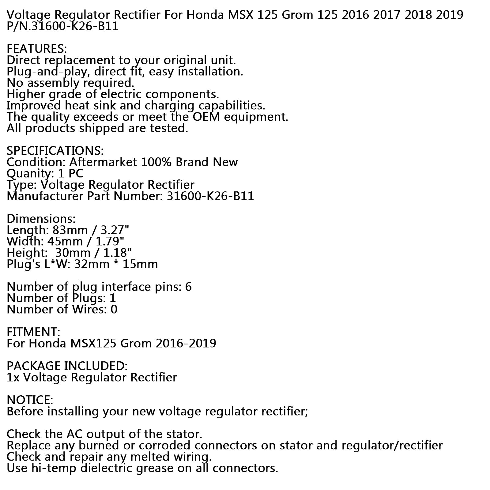 Regulador rectificador de voltaje para Honda MSX125 Grom 125 2016-2019 genérico 31600-K26-B11