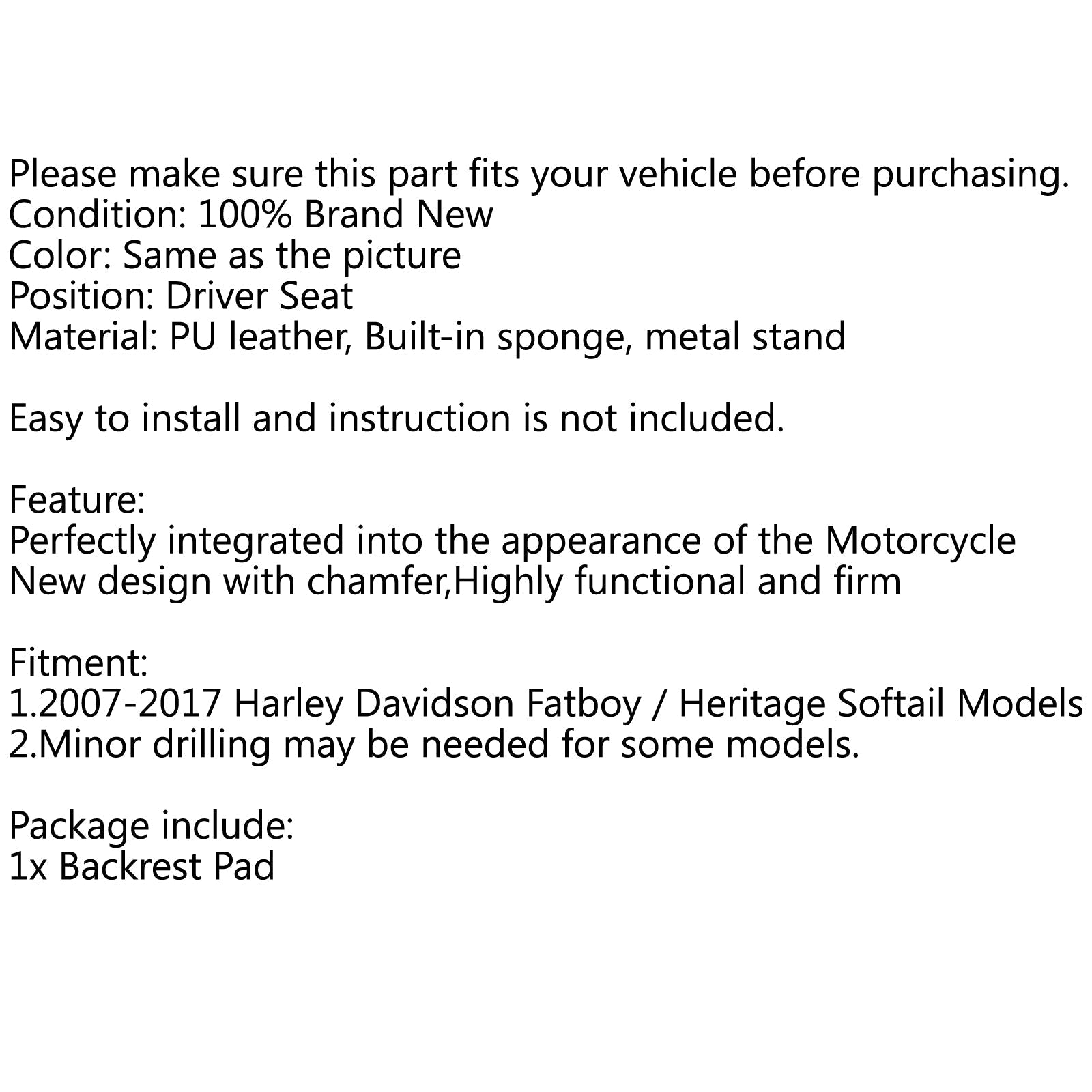 Cuscino schienale sedile conducente per Harley Fatboy Heritage Softail 2007-2017 generico