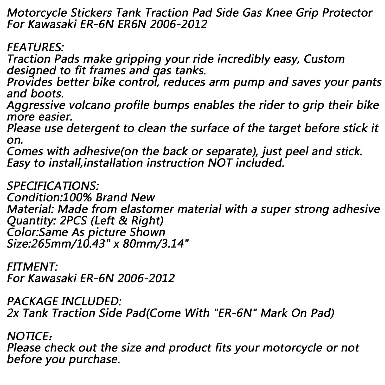 Pull Tank Side Gas Ginocchiere per Kawasaki ER-6N ER650 06-15 Generico