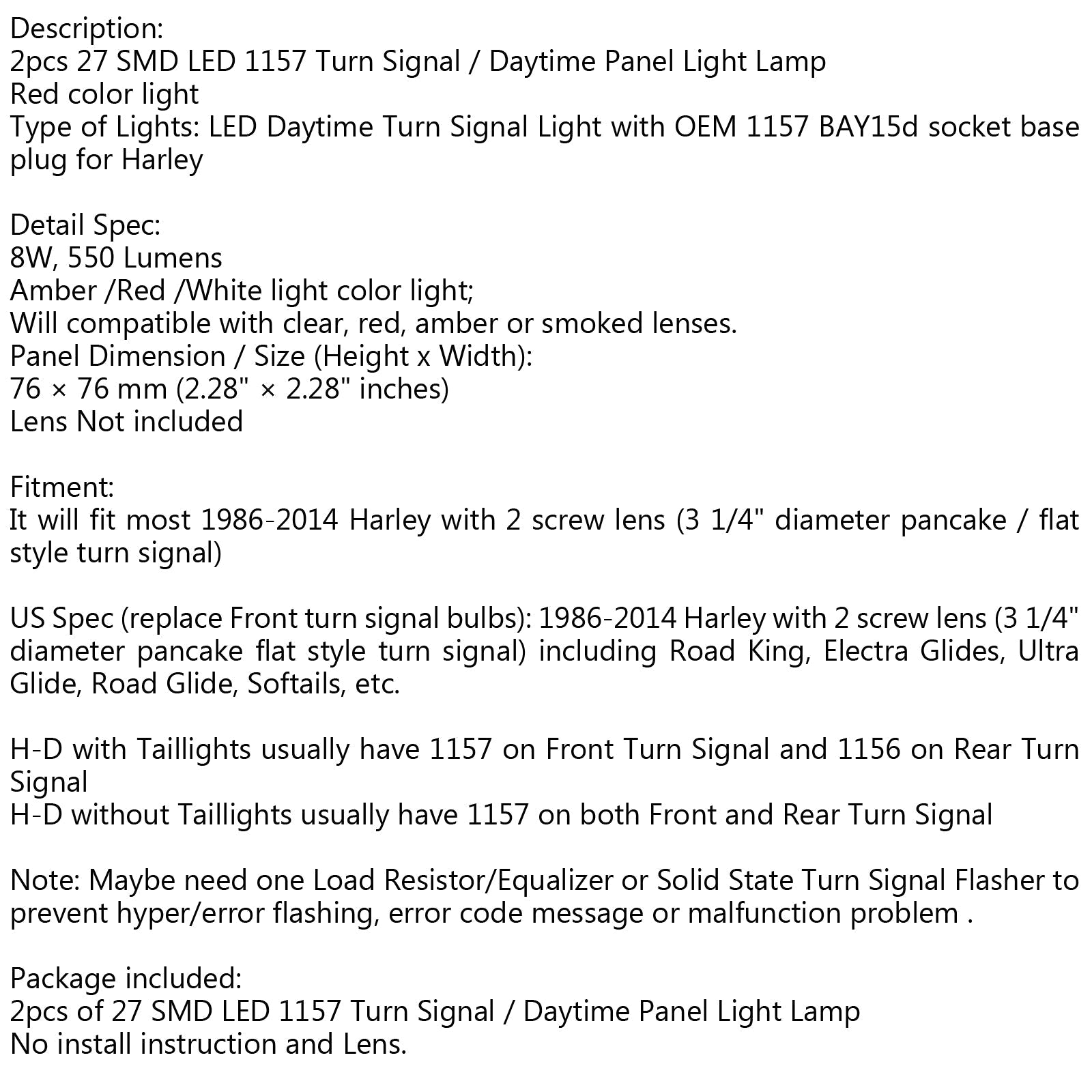 2x Harley Touring 1157 LED Daytime Turn Signal Panel Light DRL BAY15d Ampoule Générique