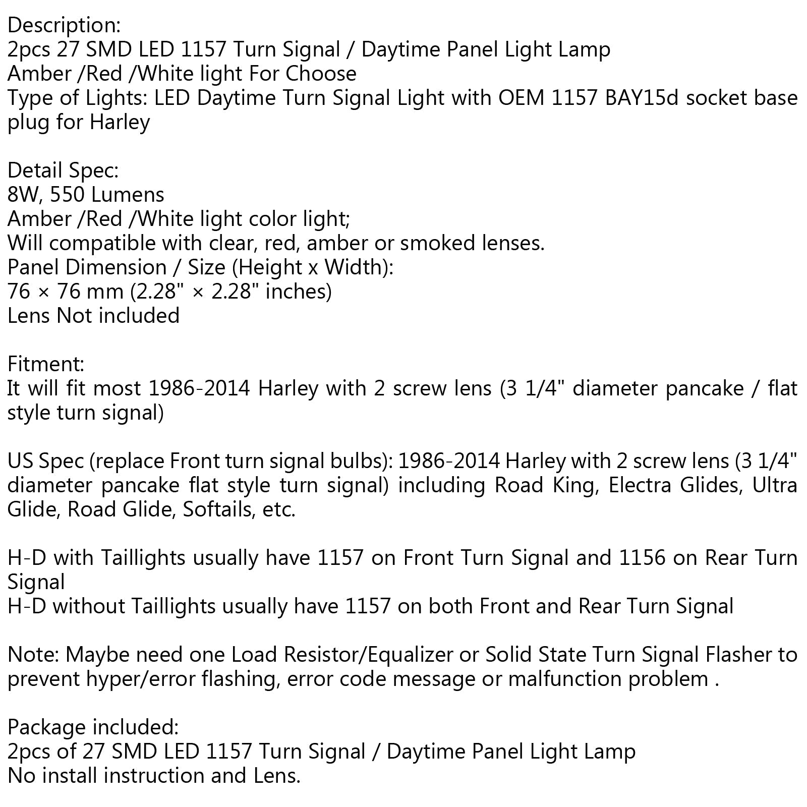 2x Harley Touring 1157 LED Daytime Turn Signal Panel Light DRL BAY15d Ampoule Générique