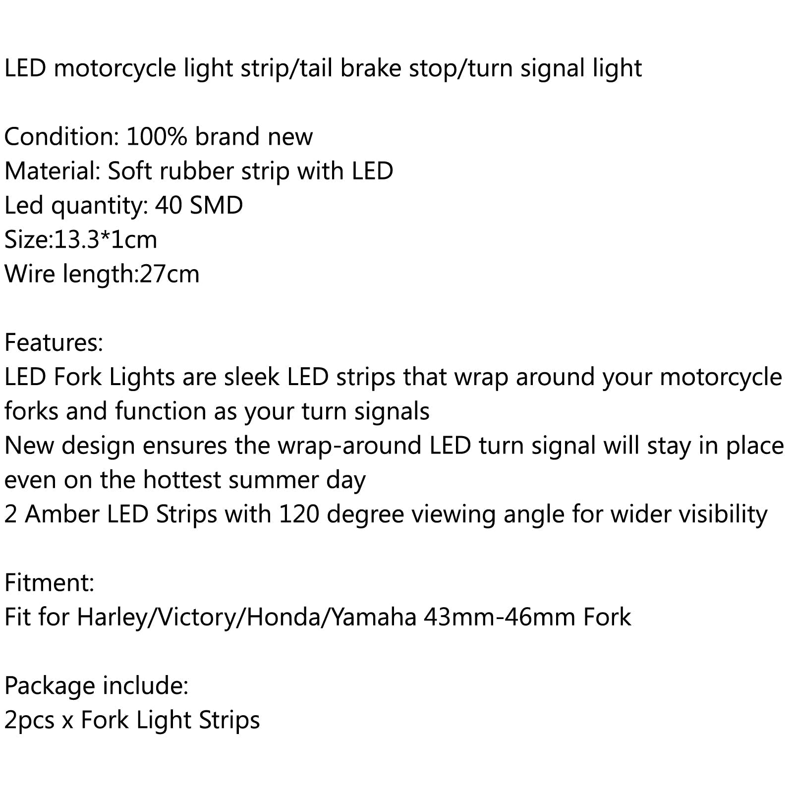 43mm-46mm Fork LED Turn Signal Strip Ambre Light Kit Pour Harley Victory Honda Generic