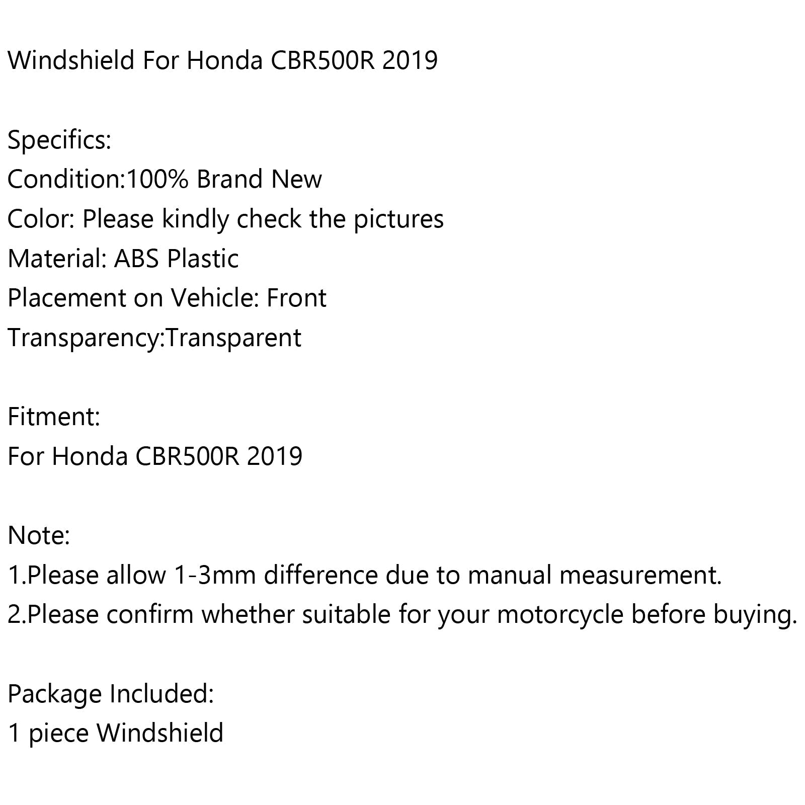 1x pare-brise de moto en plastique ABS pour Honda CBR500R CBR 500 R 2019 générique