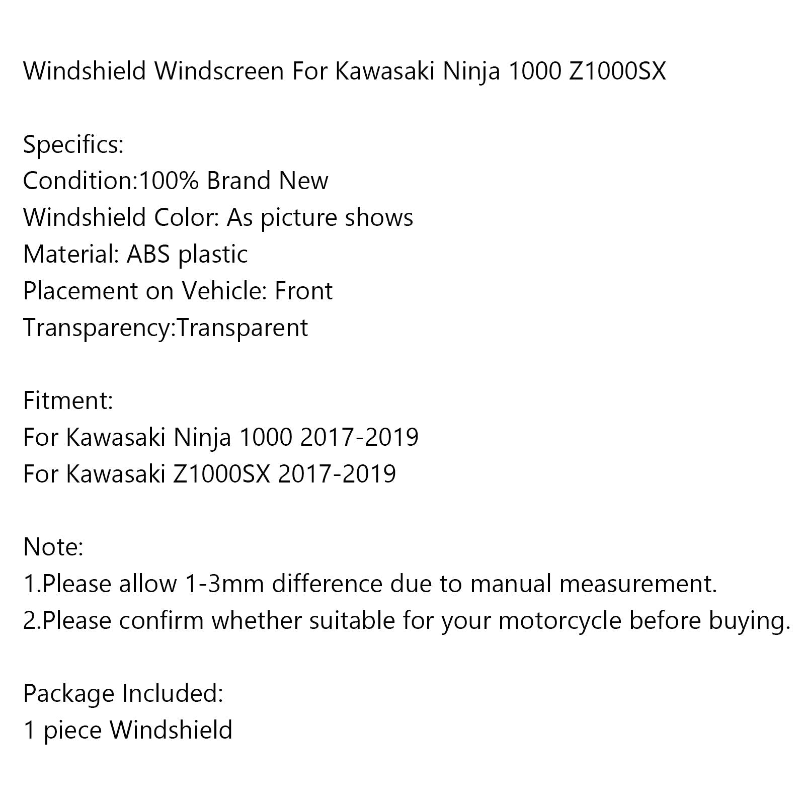 1x przednia szyba motocykla dla Kawasaki Ninja 1000 Z1000SX 2017-2019 Generic