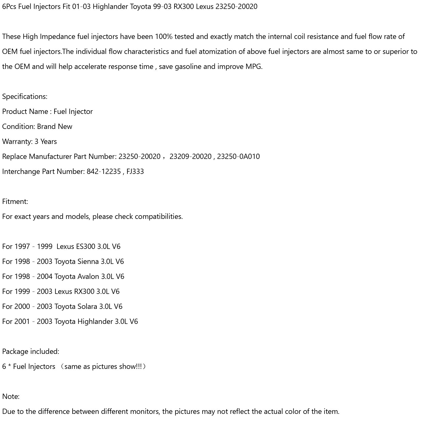 Lot de 6 injecteurs de carburant adaptés 01-03 Highlander Toyota 99-03 RX300 Lexus 23250-20020 générique