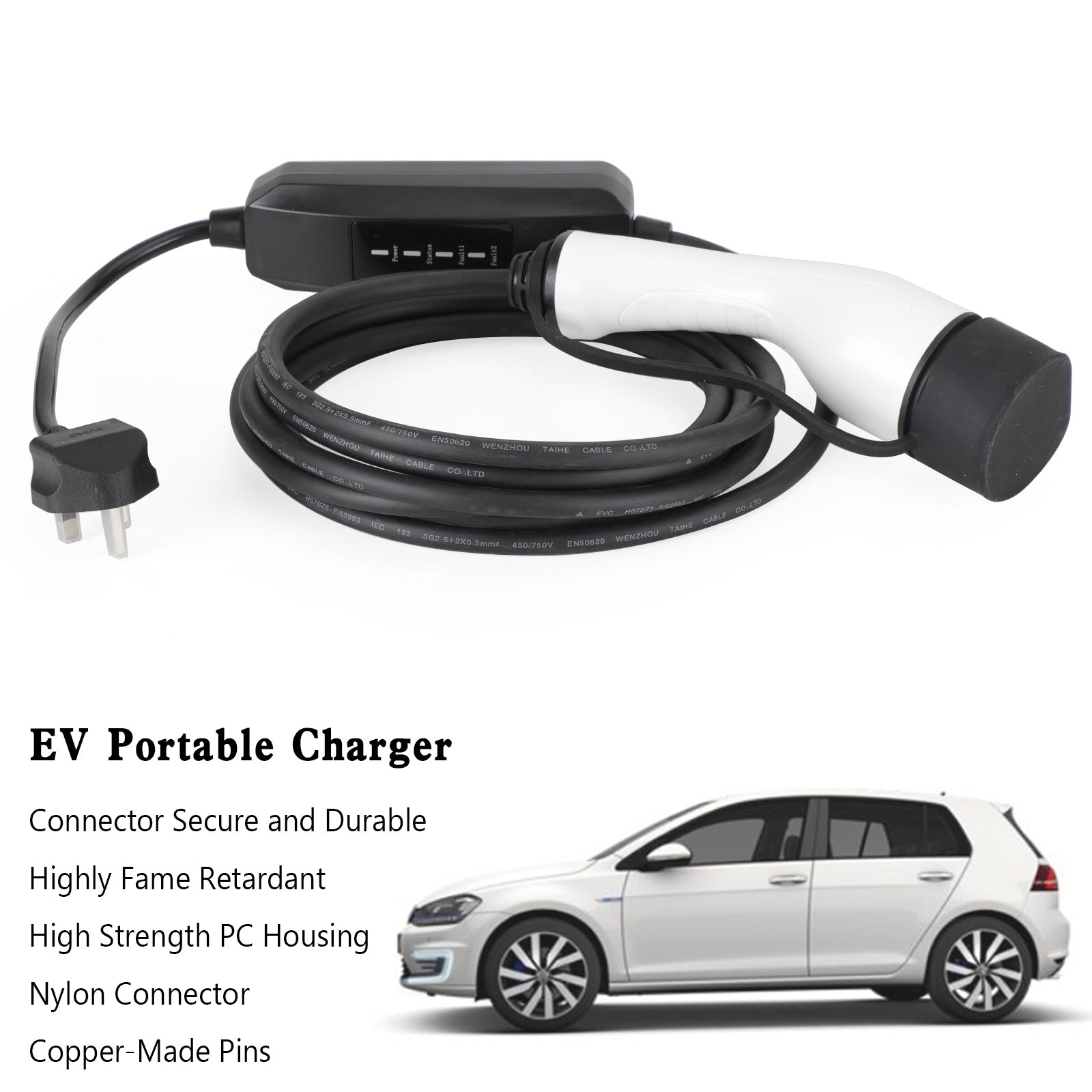 Protable EV Cable de carga 13A Tipo 2 Enchufe Reino Unido Pring Cargador de coche eléctrico de 3 pines 5.5m