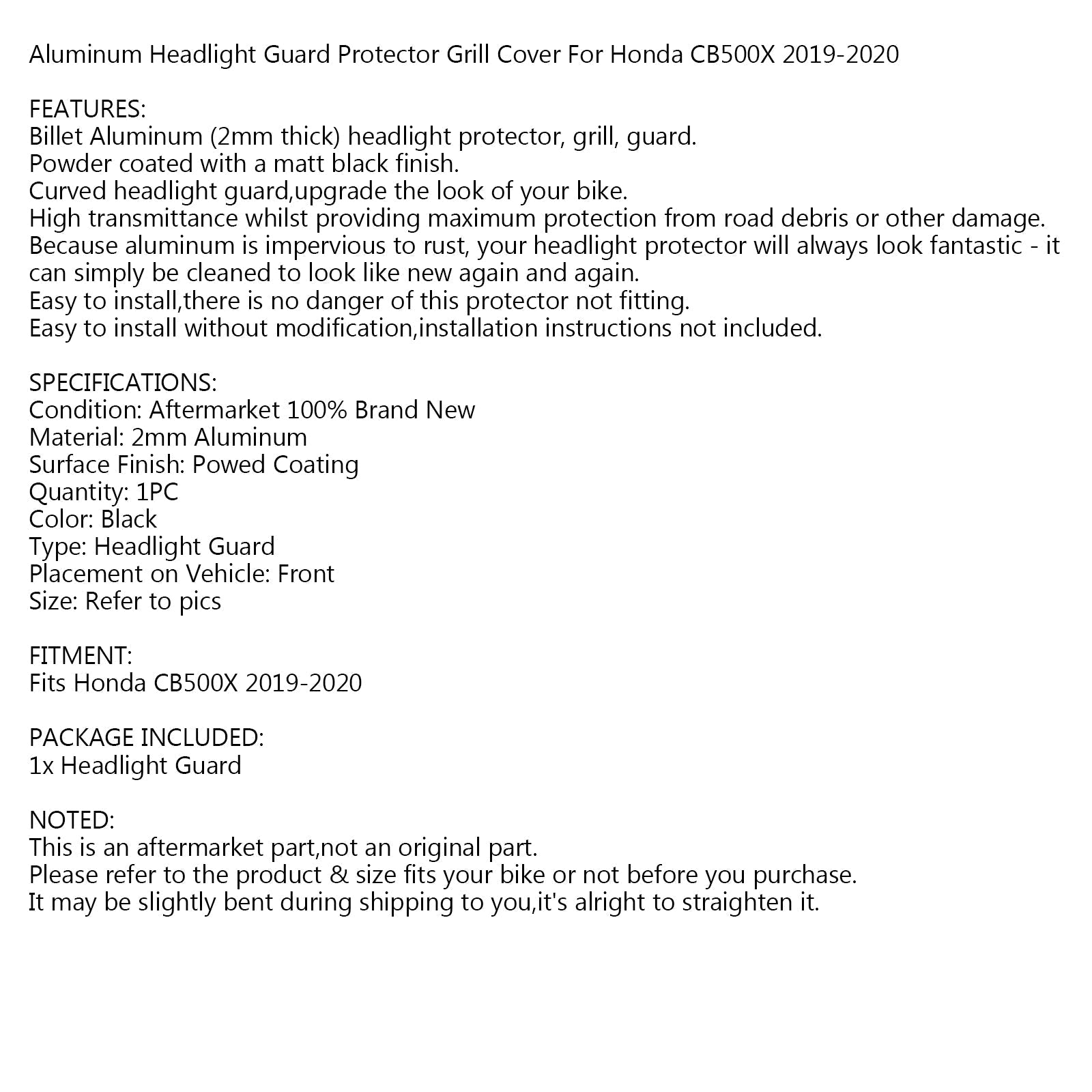 Protecteur de protection de phare en aluminium noir pour Honda CB500X 2019-2020 Generic
