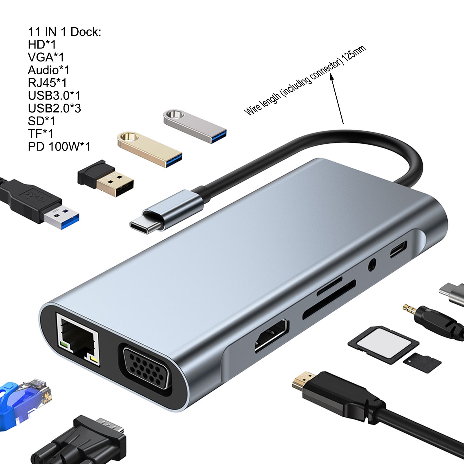 11 en 1 USB-C Type C Sortie HD Adaptateur 4K USB 3.0 HD HUB Station d'accueil multifonction