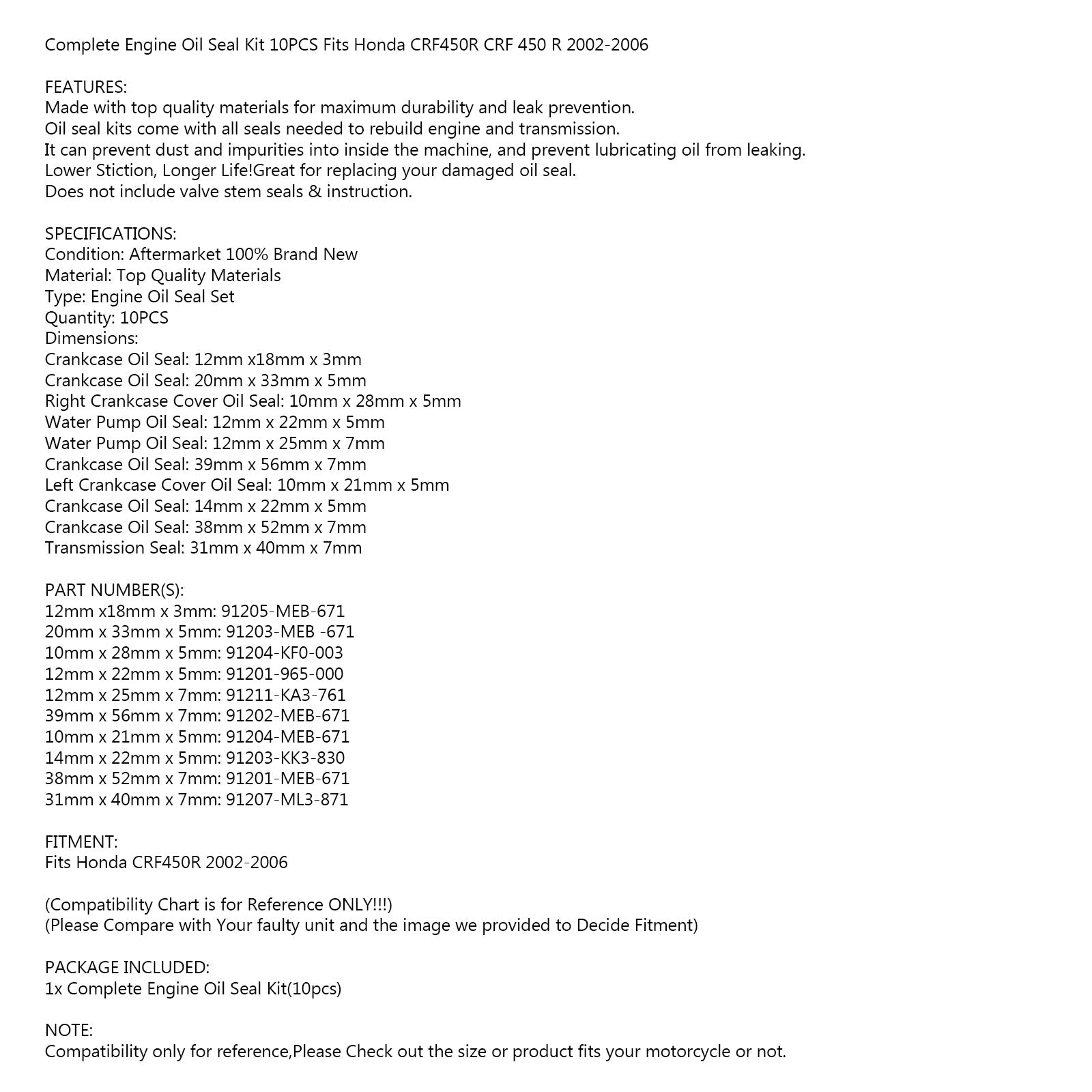 10 Uds Kit de sello de aceite de motor para Honda CRF450R CRF 450 2002-2006 2005 2004 2003 genérico