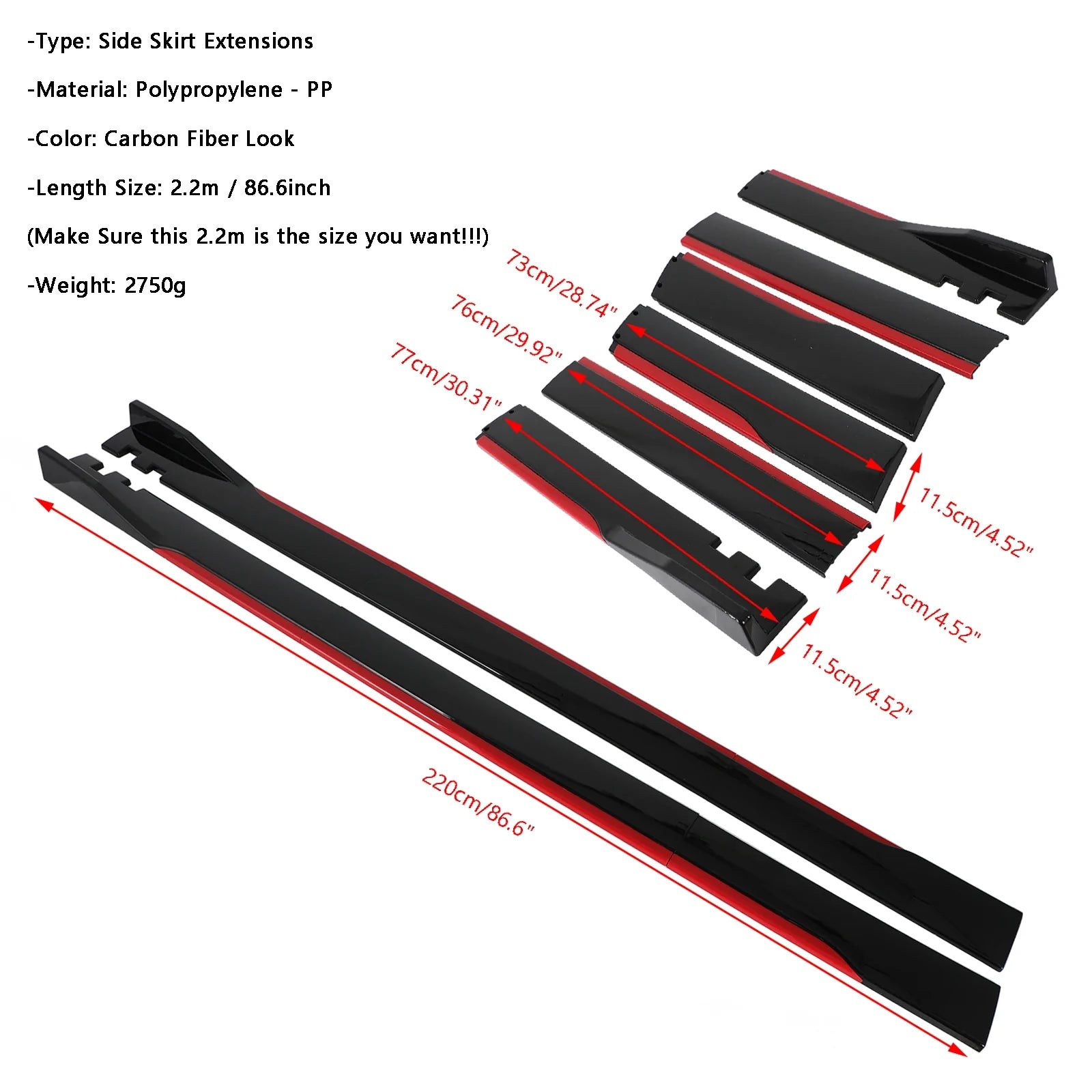 86.6" Universal Side Jupe Extensions Rocker Panel Splitters Lip Polypropylene Generic