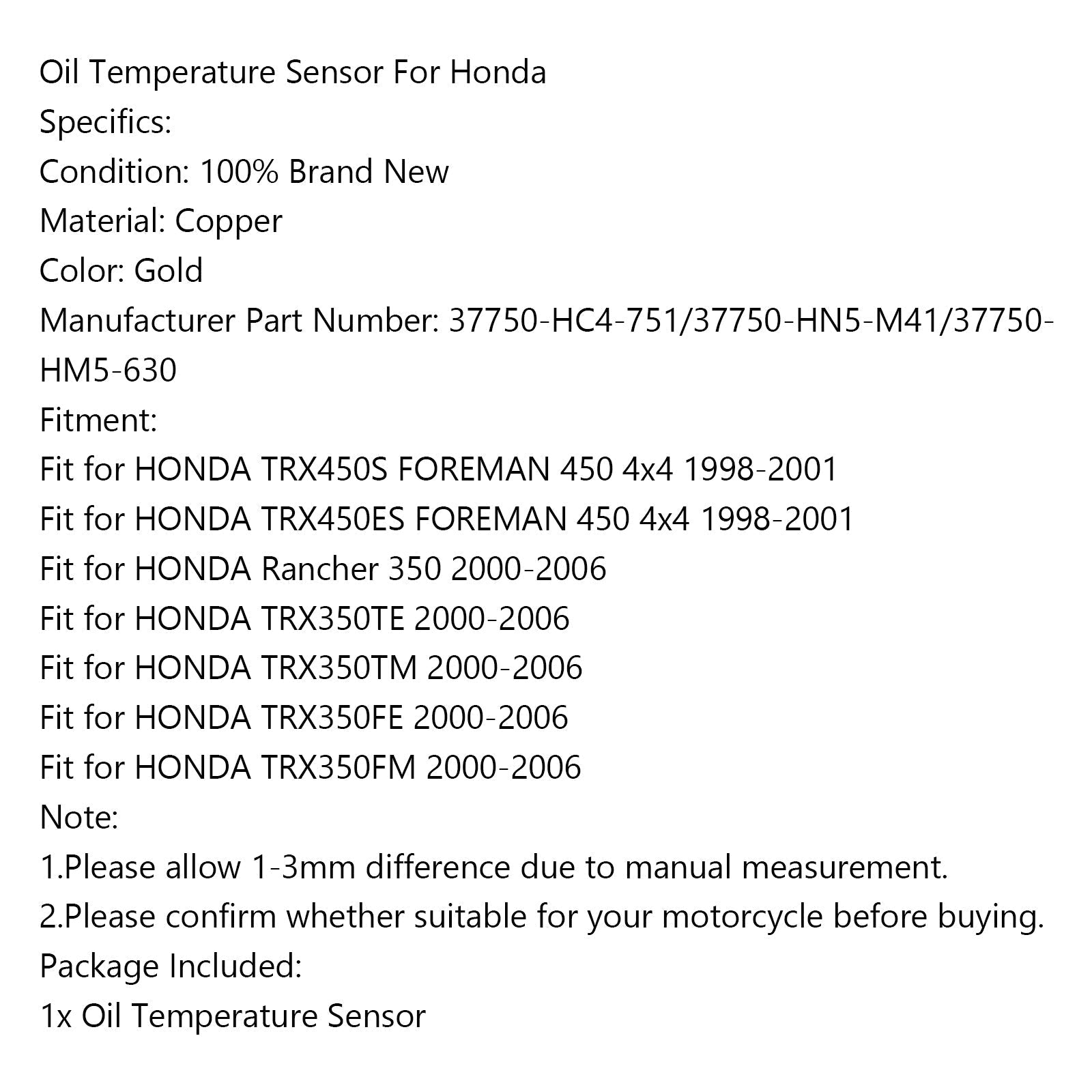 Capteur de température d'huile 37750-HC4-751 pour Honda TRX450S TRX450ES Rancher 350 générique