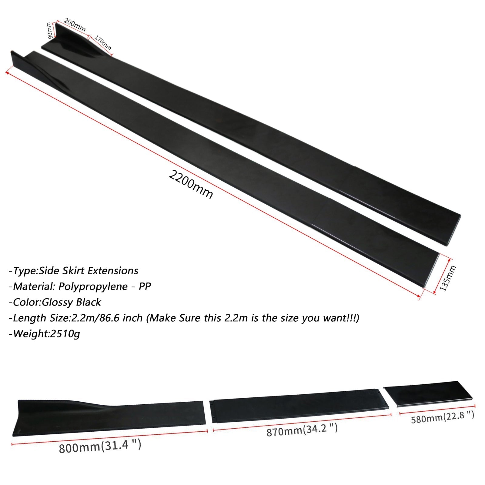 86.6" Universal Side Jupe Extensions Rocker Panel Splitters Lip Polypropylene Generic