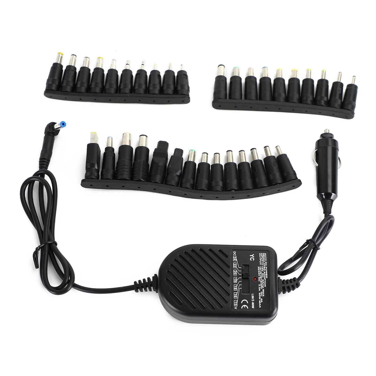 Fuente de alimentación para ordenador portátil Univ para coche, 12V, 80W, con 34 puntas universales, 12V, 80W