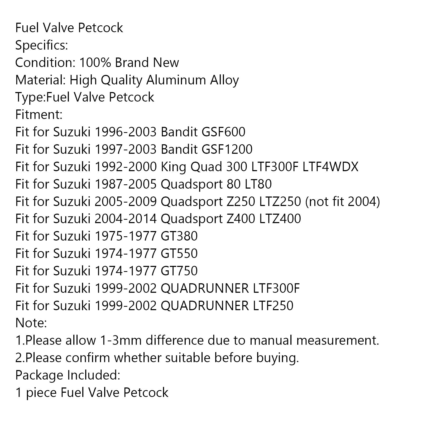 Gas Combustibile Rubinetto Valvola Interruttore Pompa Per Suzuki LT80 LTZ400 Z400 LTZ250 LTF300 Generico