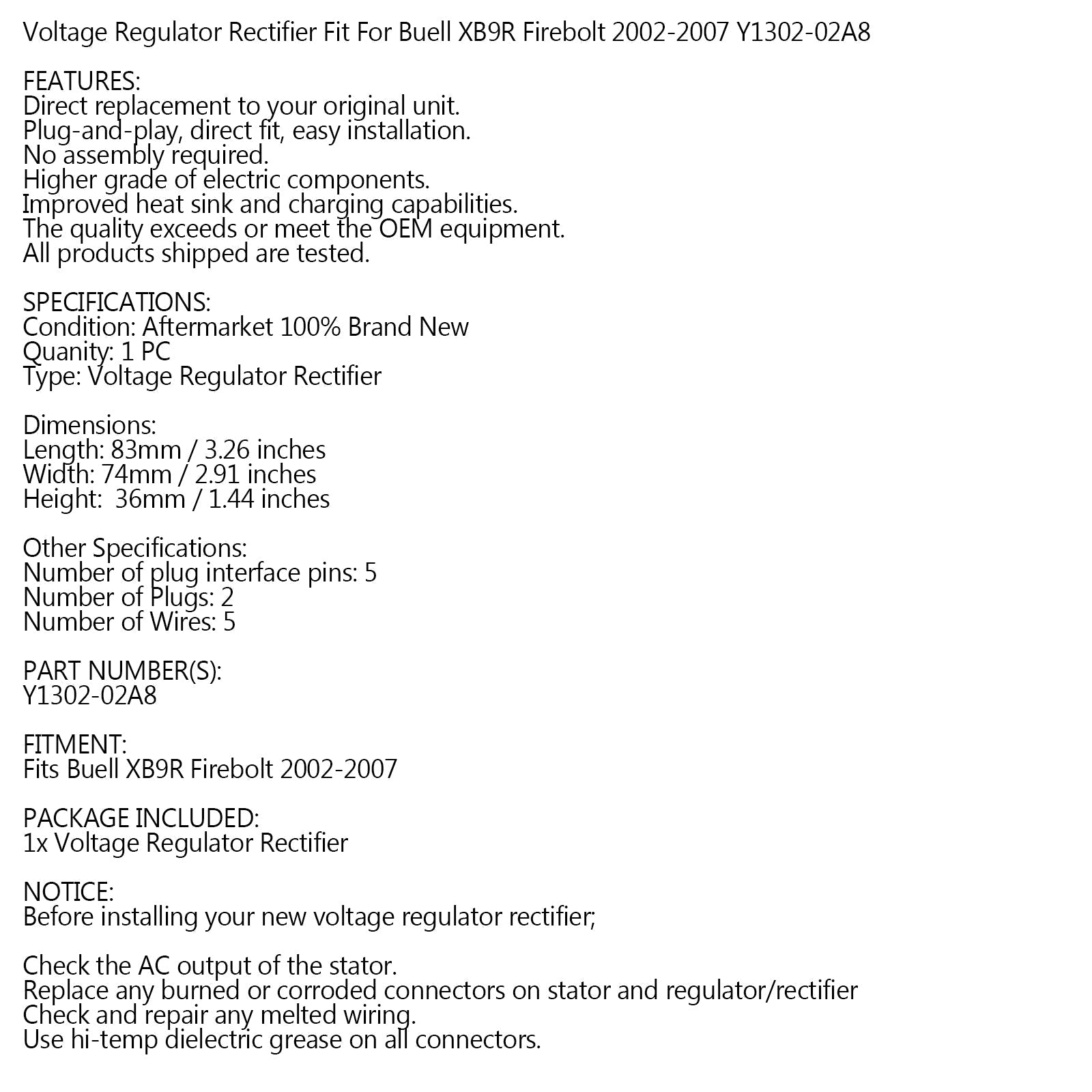 Rectificador regulador de voltaje para Buell XB9R Firebolt 2002-2007 genérico P/N.Y1302-02A8