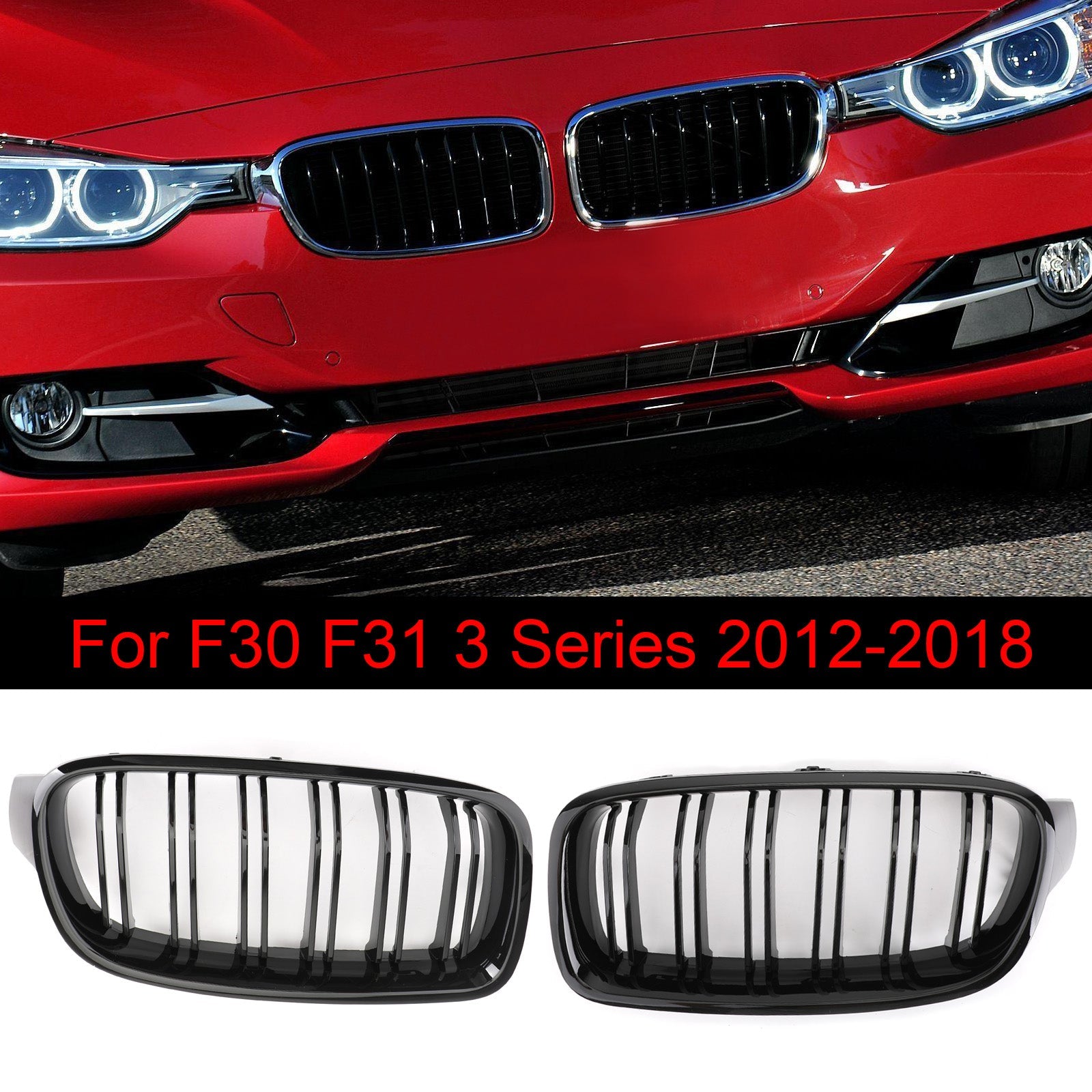 Grille de rein avant noir brillant pour BMW Série 3 F30 F35 2012-2017 à double lamelles