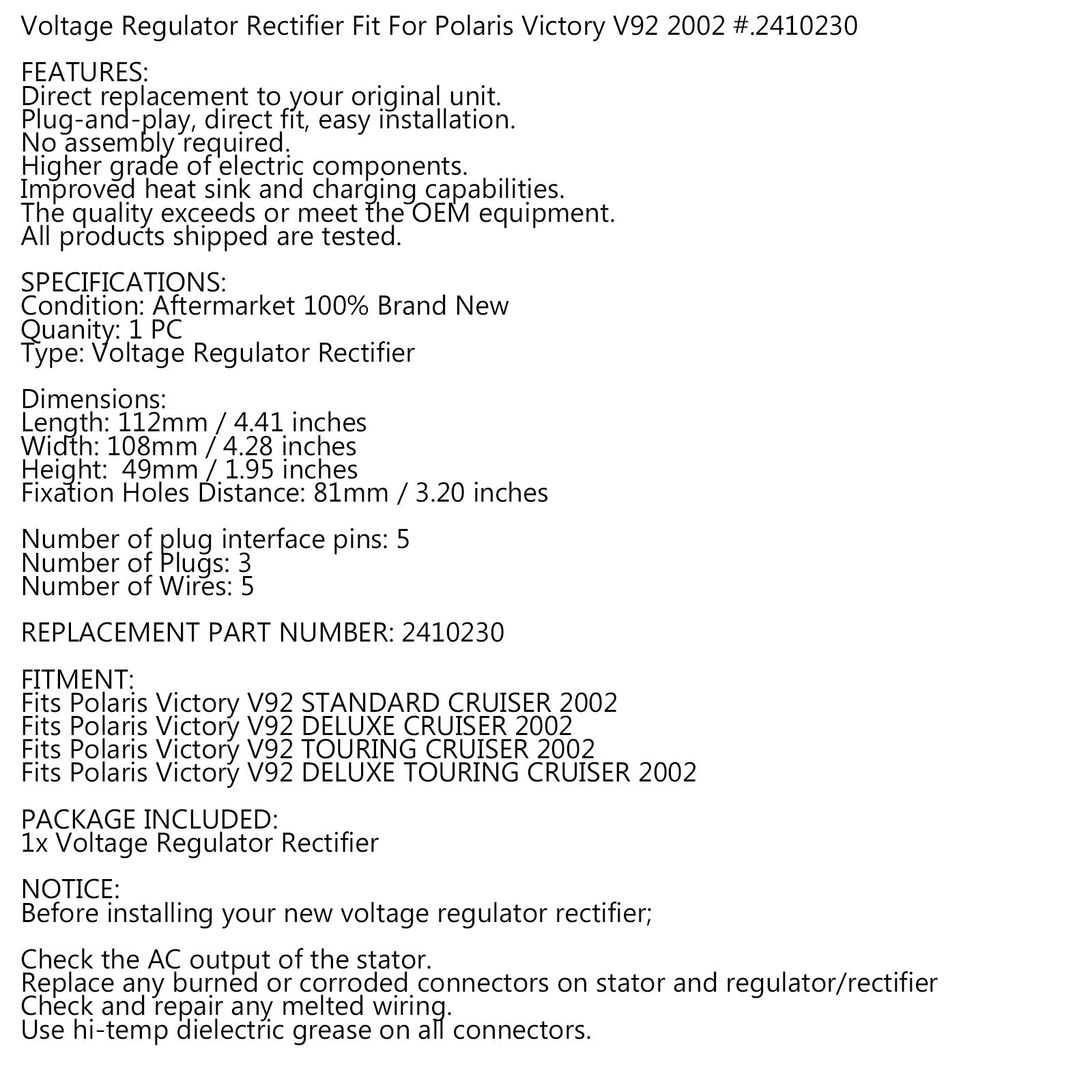 Redresseur Régulateur pour Polaris Victory V92 Cruiser 2002 Remplacement 2410230 Générique